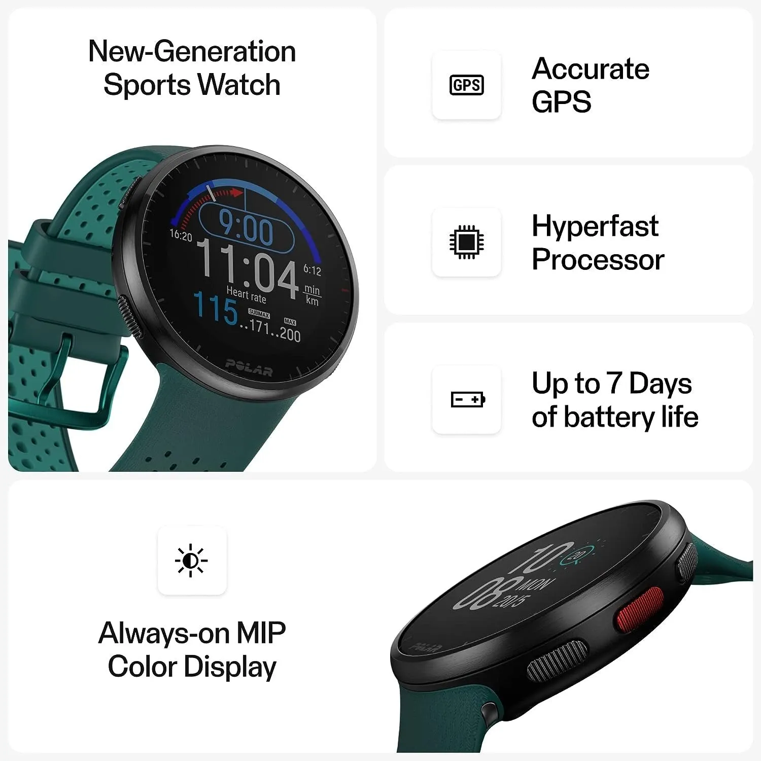 Polar Pacer Pro Advanced GPS Running Watch, Teal-Green