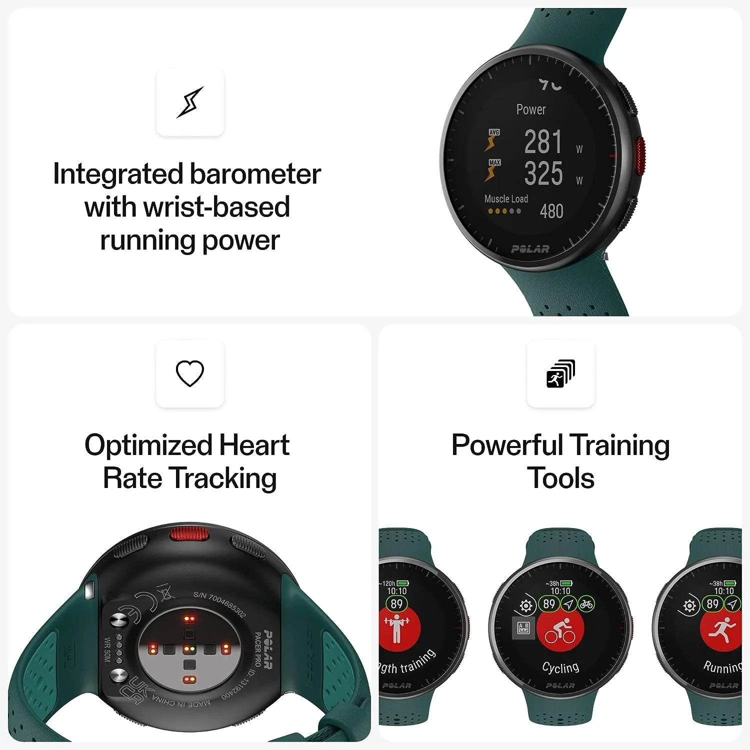 Polar Pacer Pro Advanced GPS Running Watch, Teal-Green