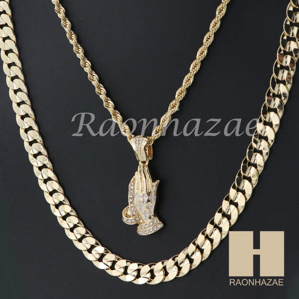 PRAYING HANDS ROPE CHAIN DIAMOND CUT 30" CUBAN LINK CHAIN NECKLACE S08G