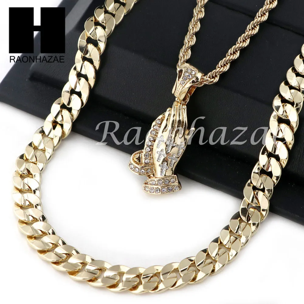 PRAYING HANDS ROPE CHAIN DIAMOND CUT 30" CUBAN LINK CHAIN NECKLACE S08G
