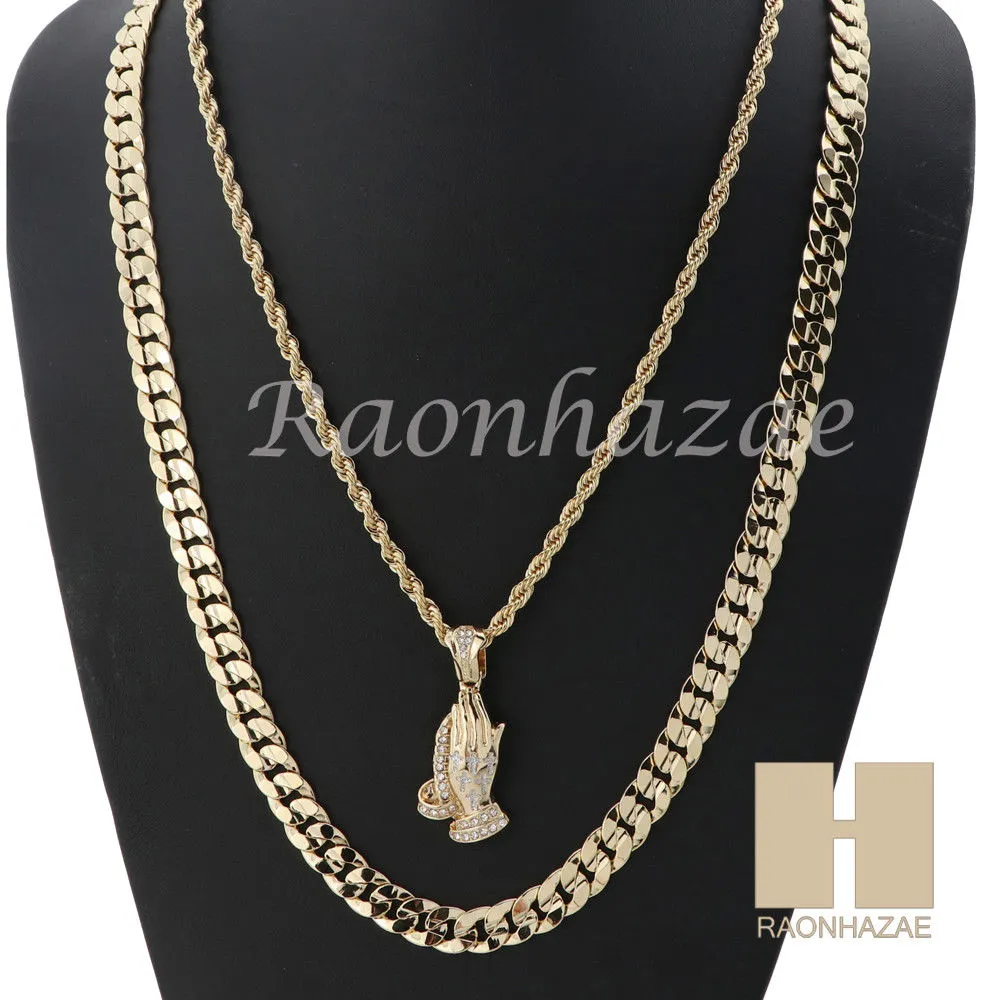 PRAYING HANDS ROPE CHAIN DIAMOND CUT 30" CUBAN LINK CHAIN NECKLACE S08G