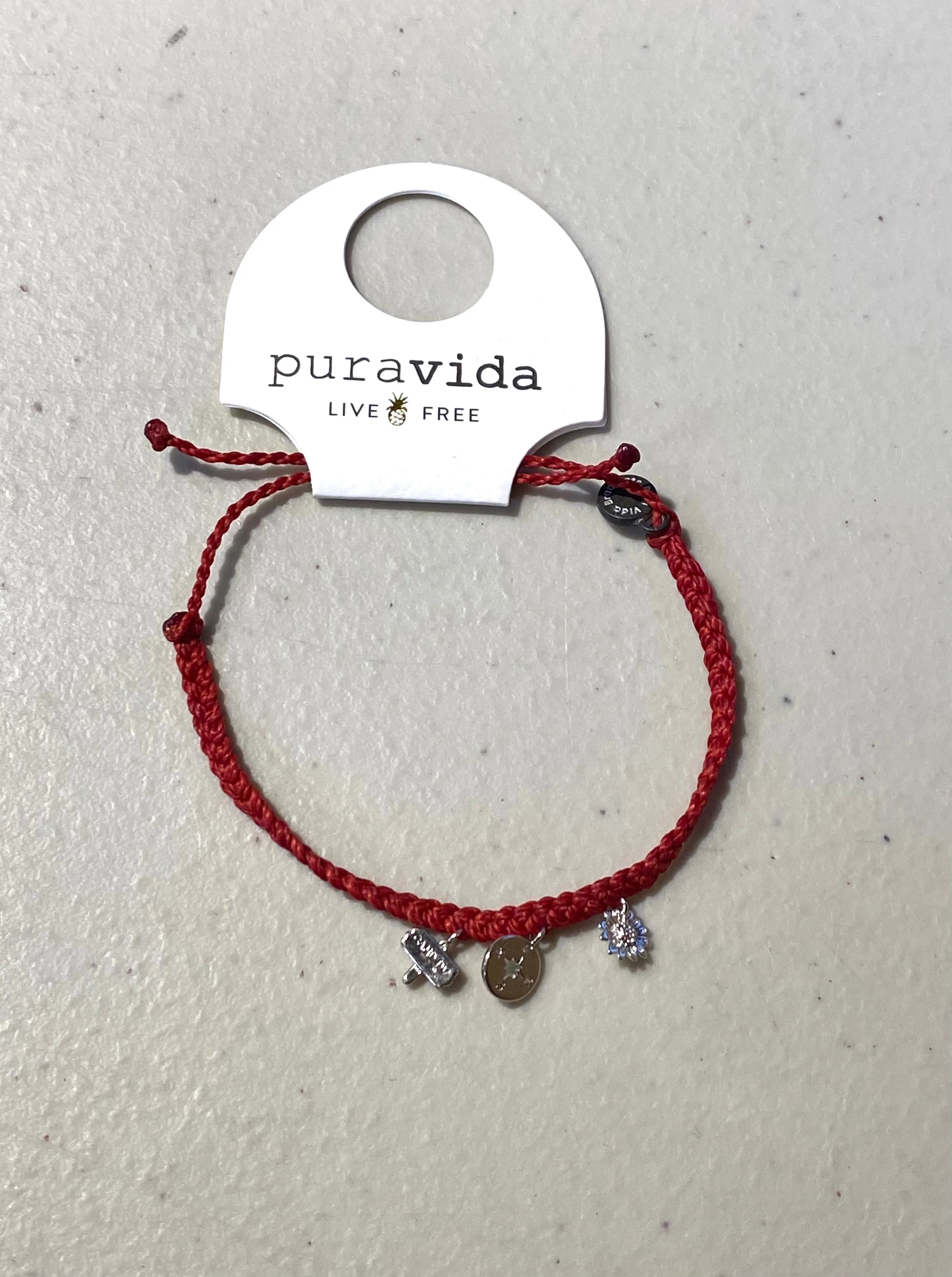Pura Vida Charm Bracelet ~ Happy camper Silver Dark Red