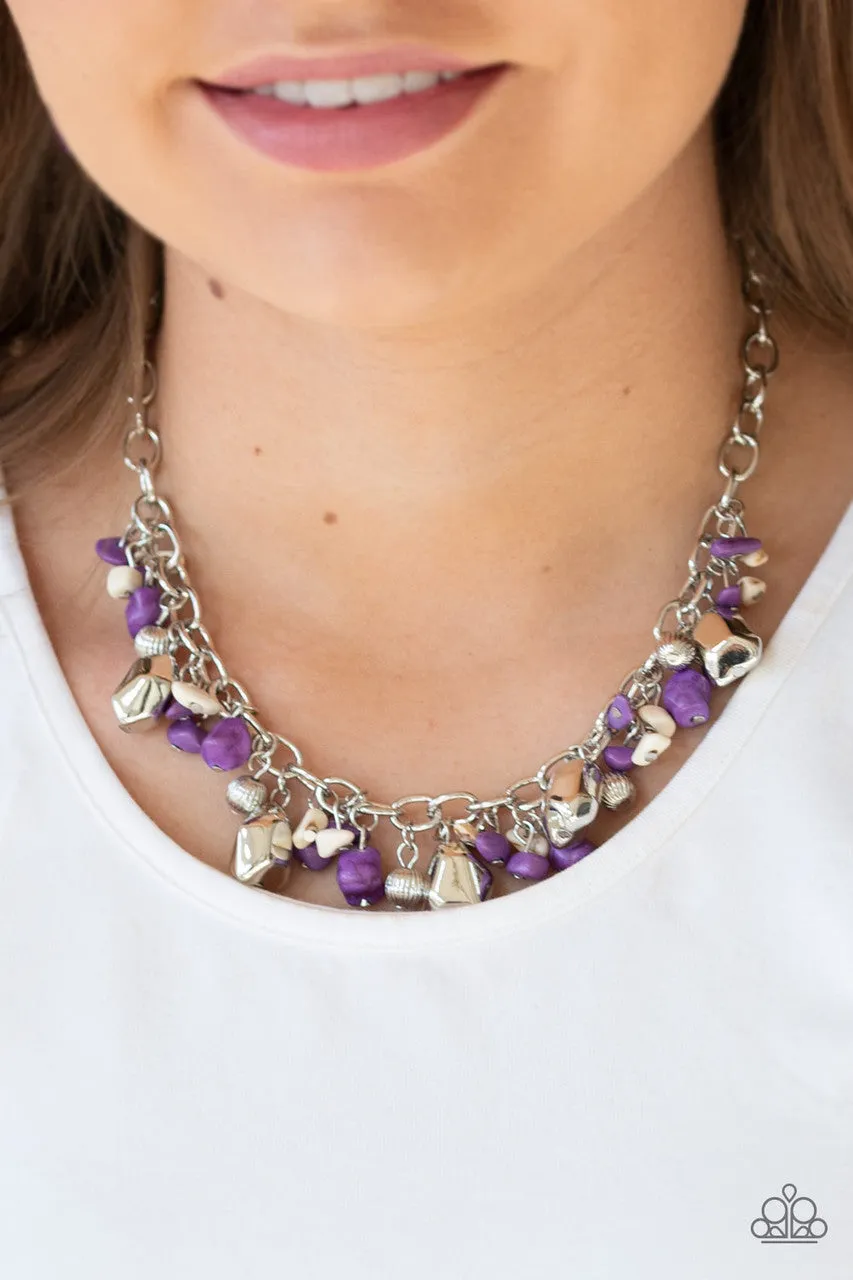 Quarry Trail - Purple - and White Stone Silver Bead Paparazzi Short Necklace
