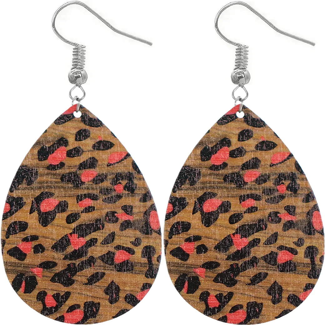 Red Cheetah Print Wooden Teardrop Earrings