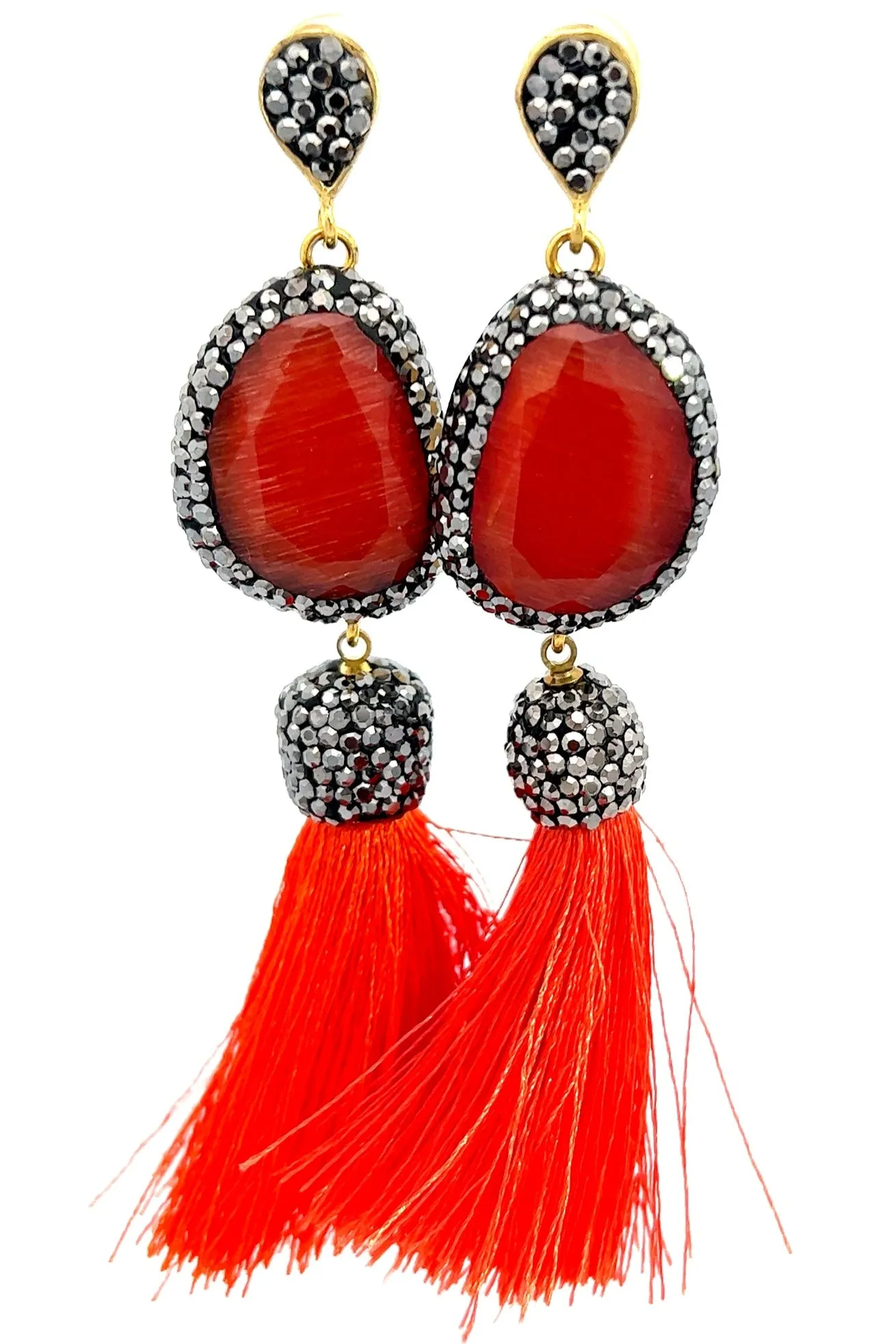 Red Gemstone Silver Crystal Gold Plated Red Tassel Earring