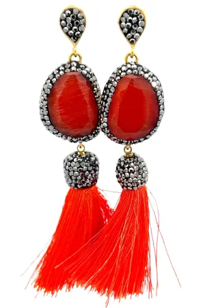 Red Gemstone Silver Crystal Gold Plated Red Tassel Earring