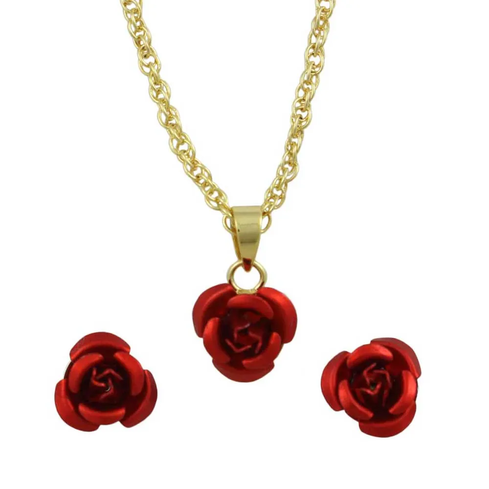 Red Rose Necklace with Red Rose Stud Earring Gift Set - FE510NBS