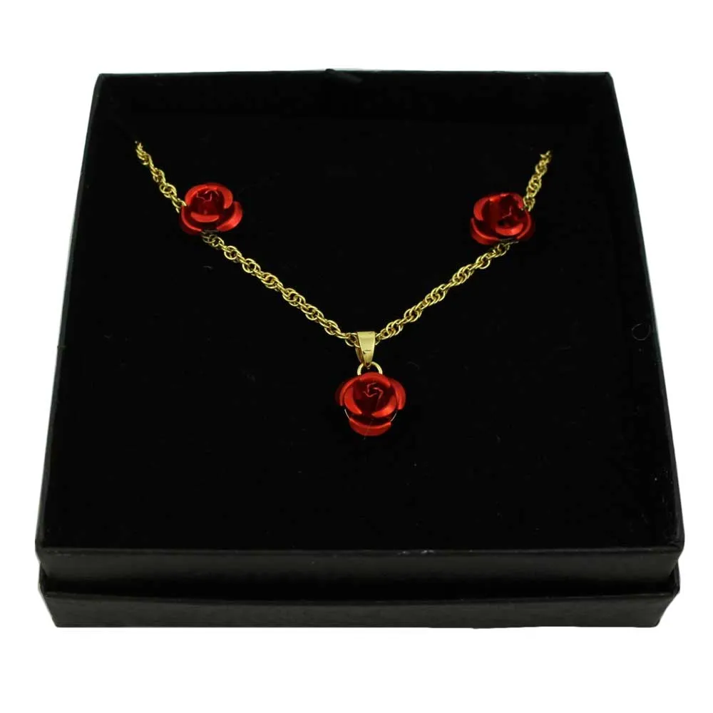 Red Rose Necklace with Red Rose Stud Earring Gift Set - FE510NBS