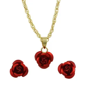 Red Rose Necklace with Red Rose Stud Earring Gift Set - FE510NBS