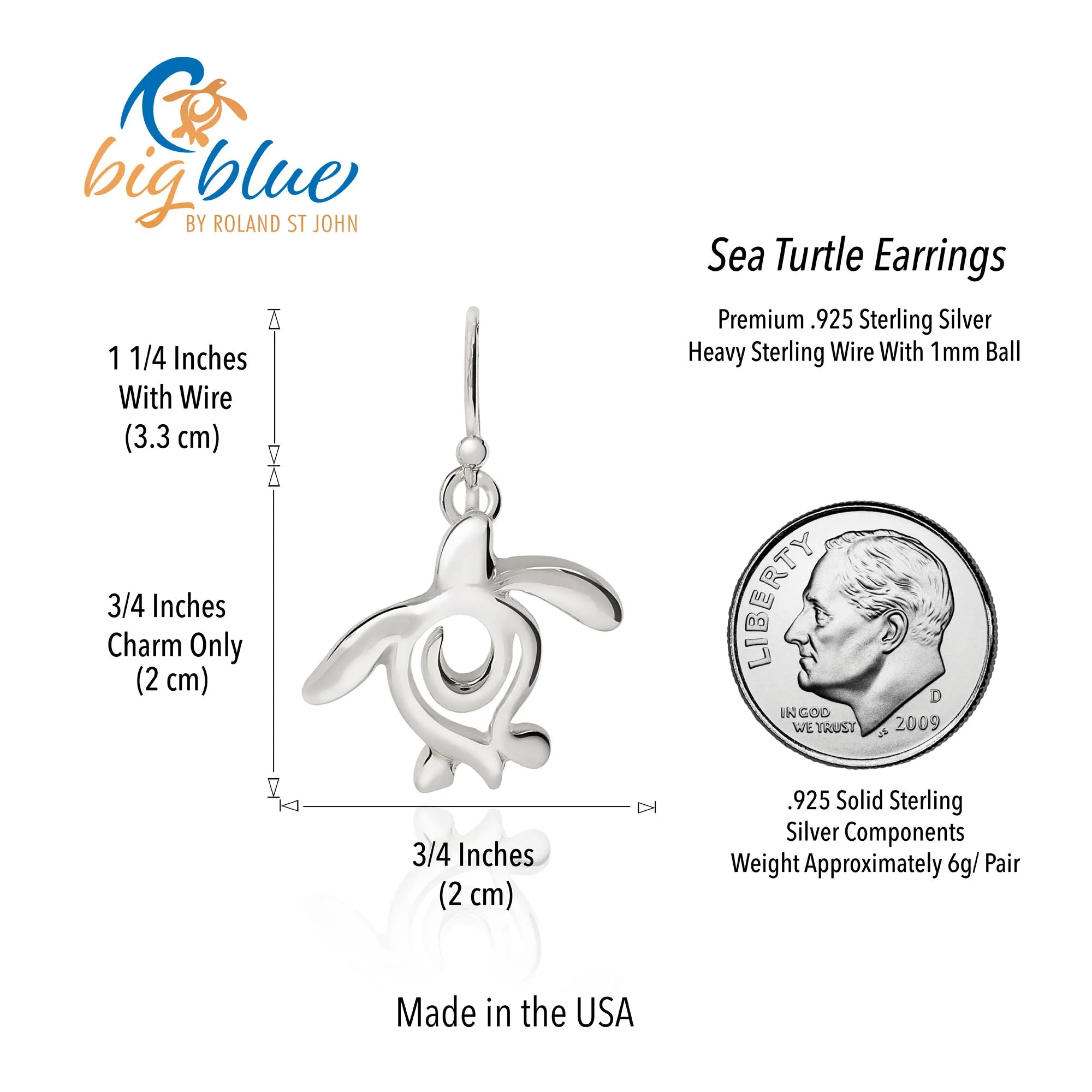 Sea Turtle Earrings Sterling Silver- Turtle Gifts for Women, Honu Turtle Drop Earrings, Gifts for Turtle Lovers, Sea Life Jewelry