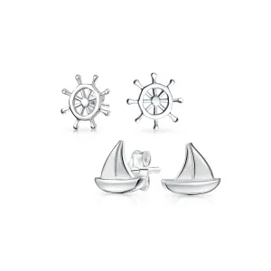 Set of 2 Small Nautical Sail Boat and Ship Wheel Stud Earrings Sterling Silver