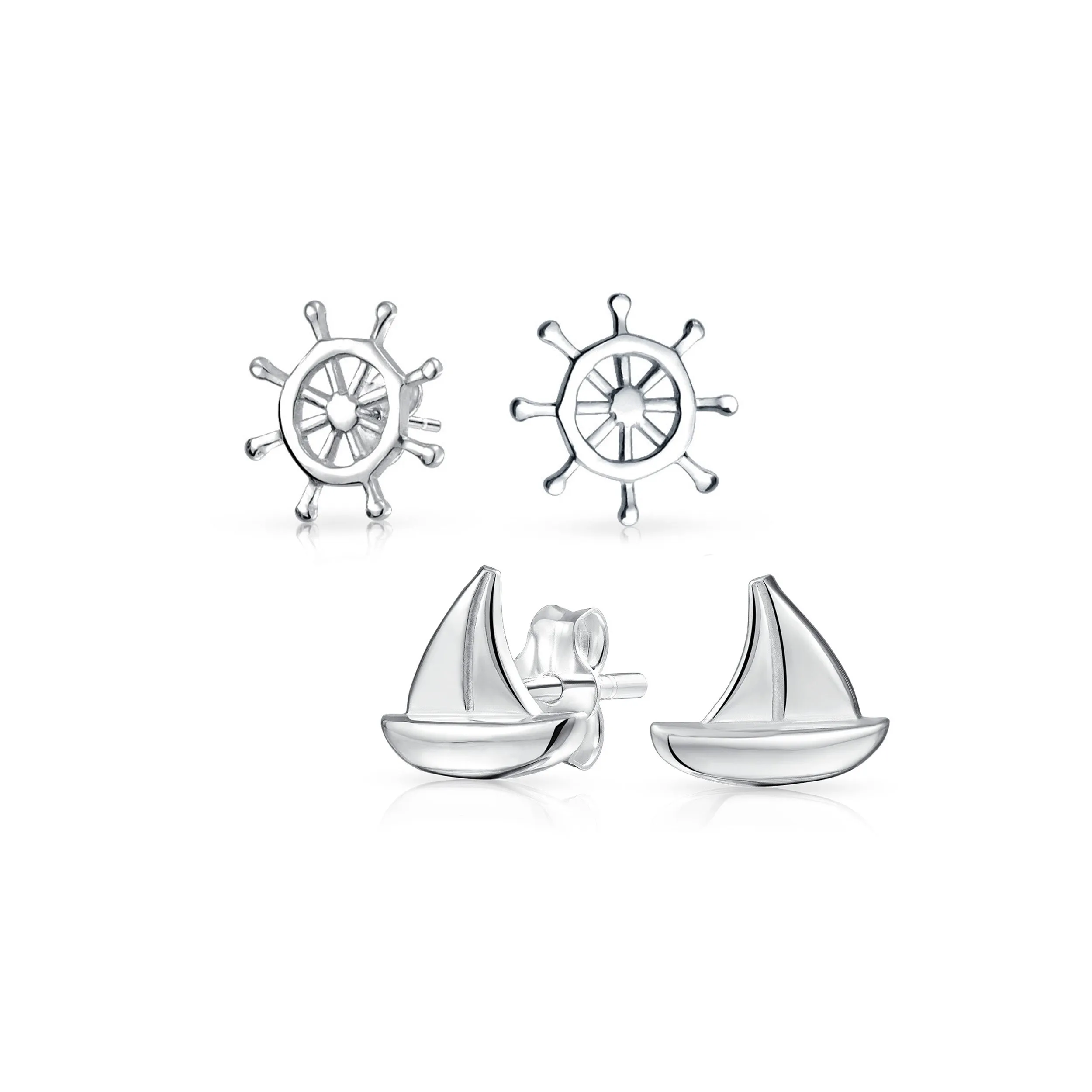 Set of 2 Small Nautical Sail Boat and Ship Wheel Stud Earrings Sterling Silver