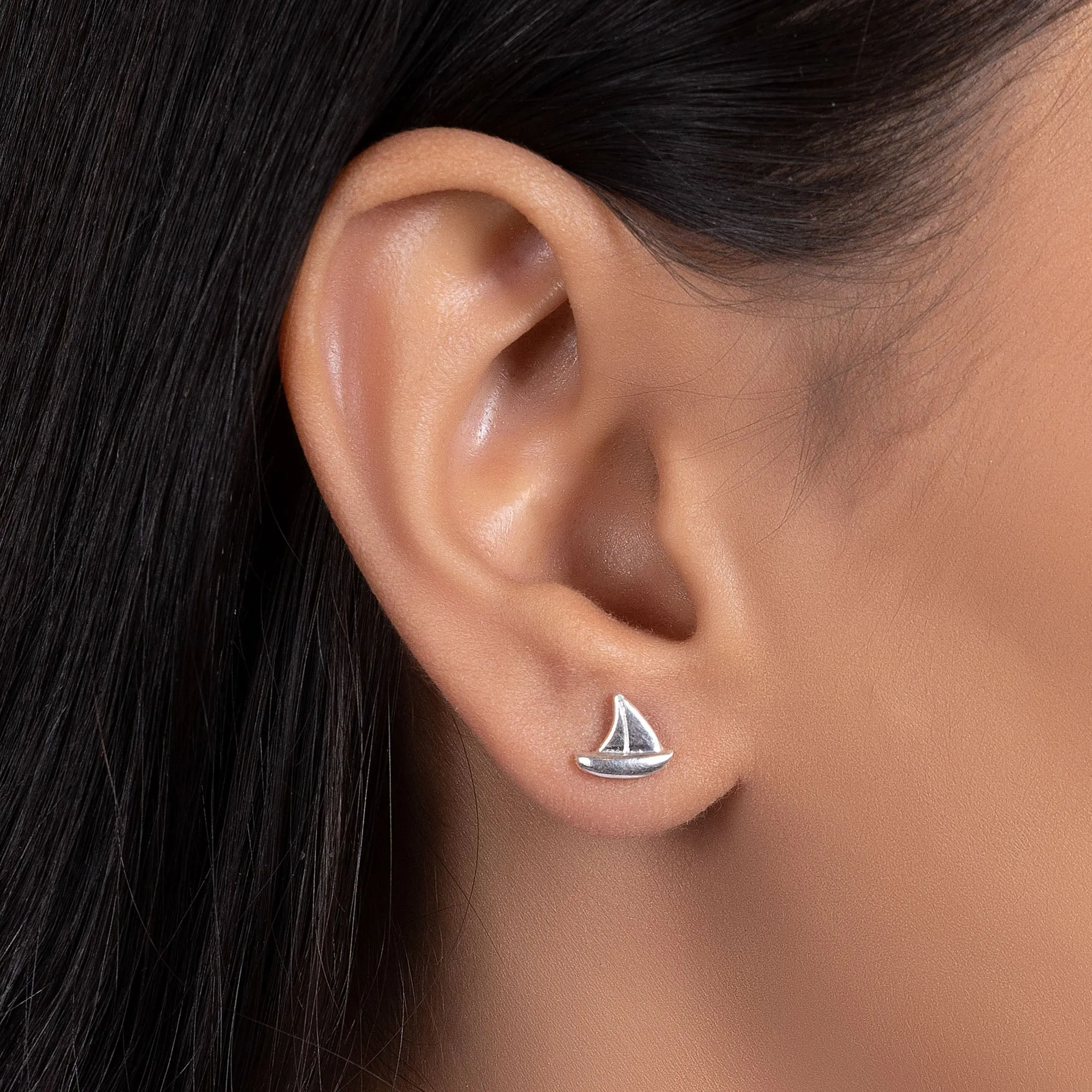 Set of 2 Small Nautical Sail Boat and Ship Wheel Stud Earrings Sterling Silver