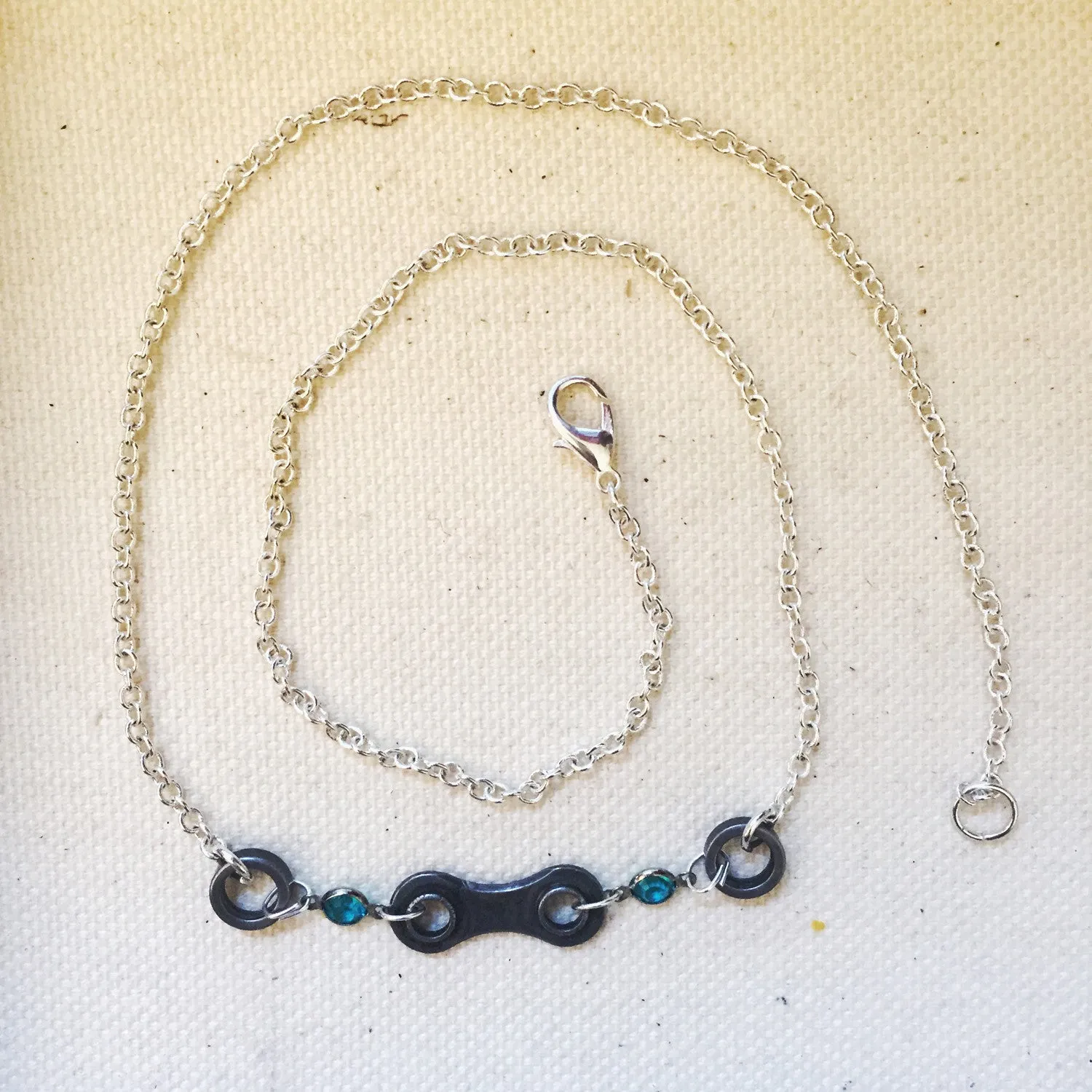 Short Upcycled Bicycle Chain Necklace with Vintage Swarovski Crystals