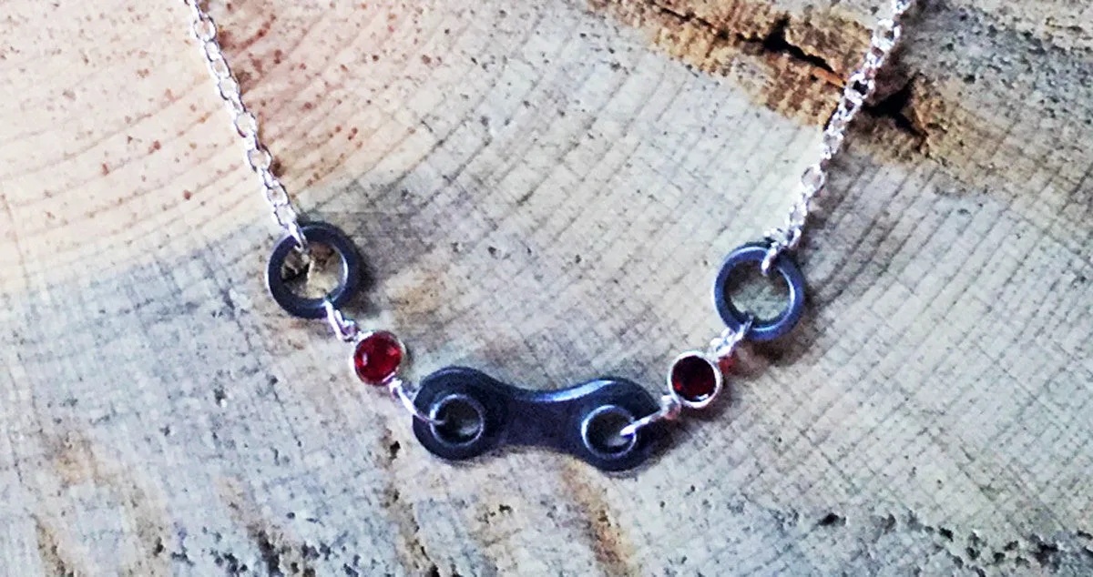 Short Upcycled Bicycle Chain Necklace with Vintage Swarovski Crystals
