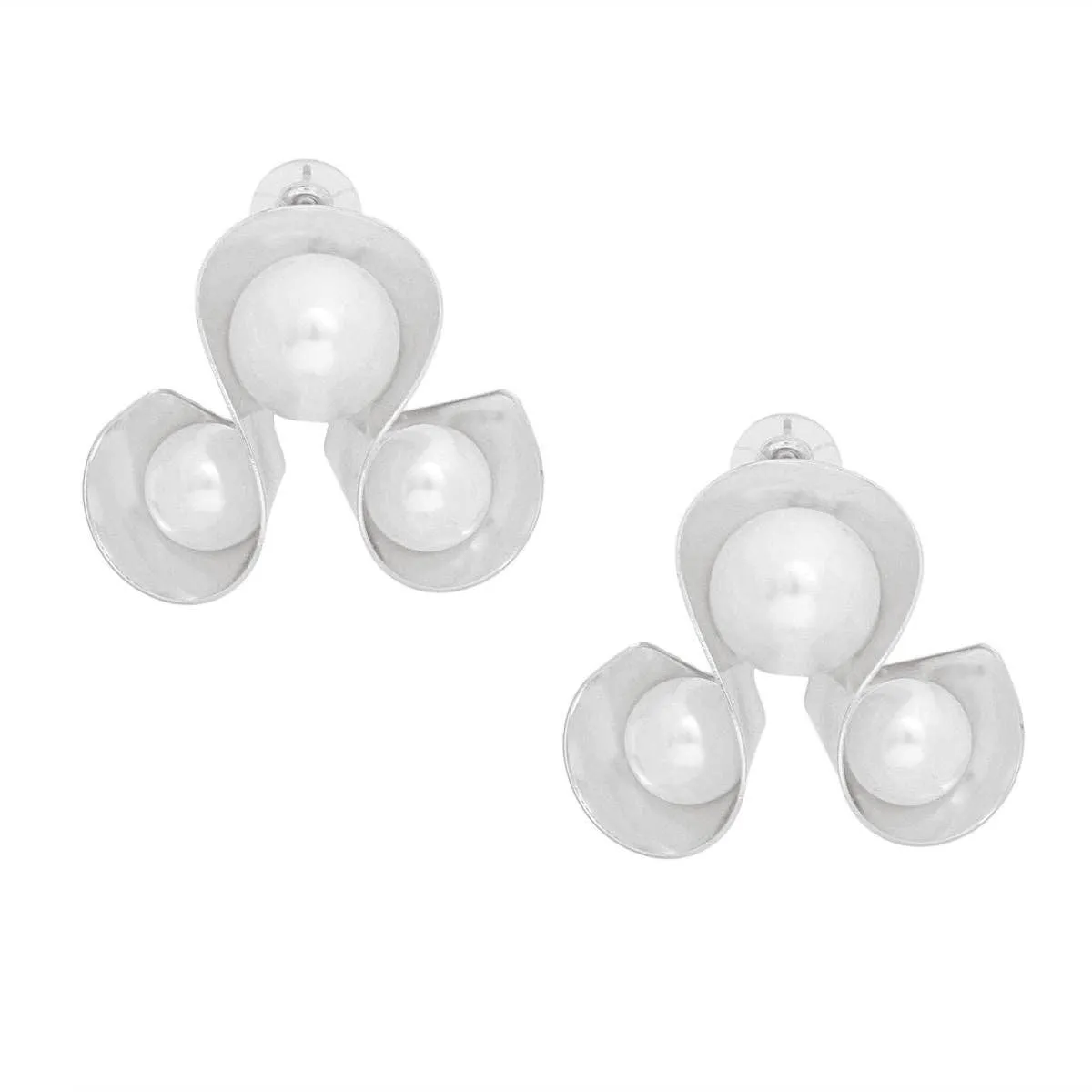 Silver Triple Looped White Pearl Earrings