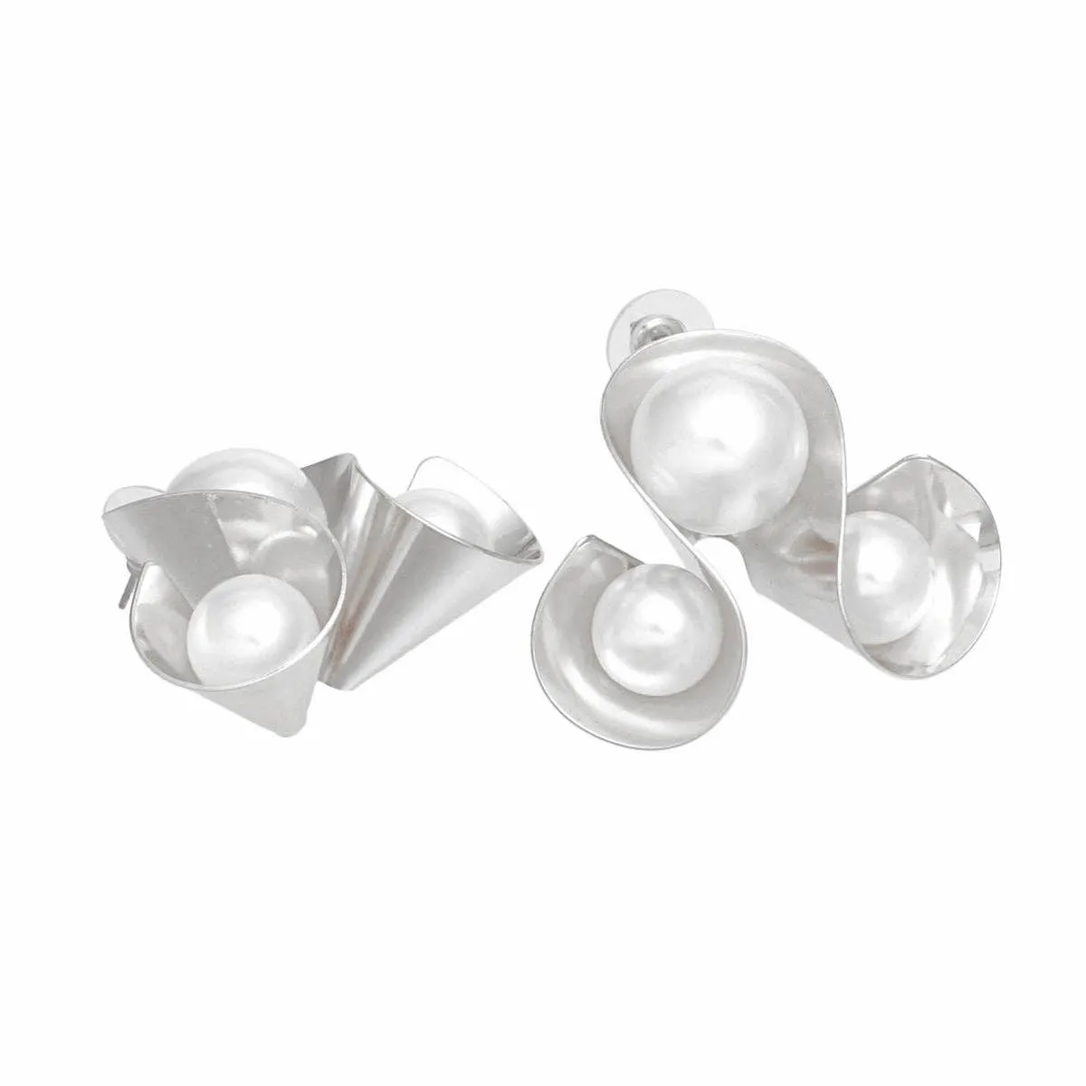 Silver Triple Looped White Pearl Earrings