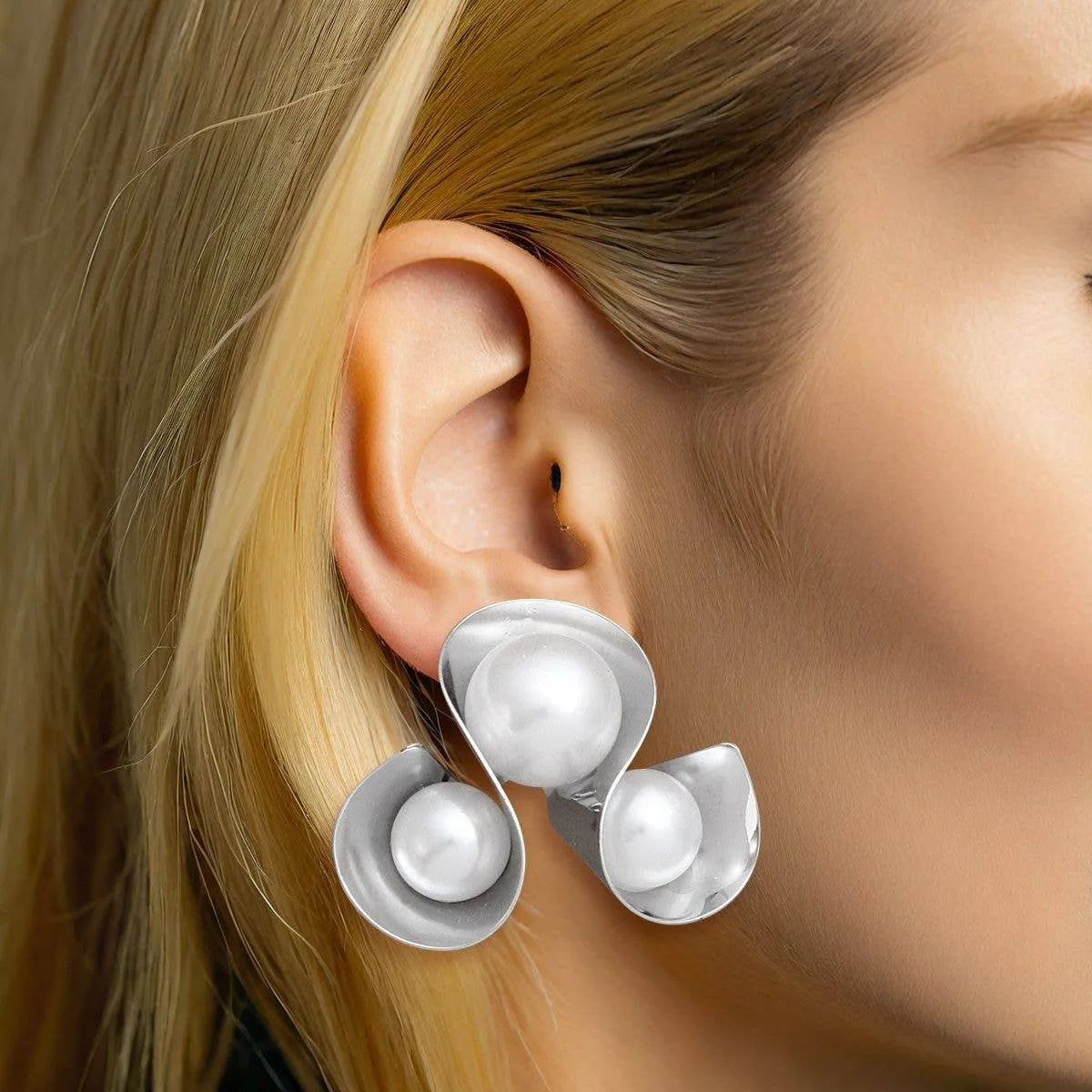 Silver Triple Looped White Pearl Earrings