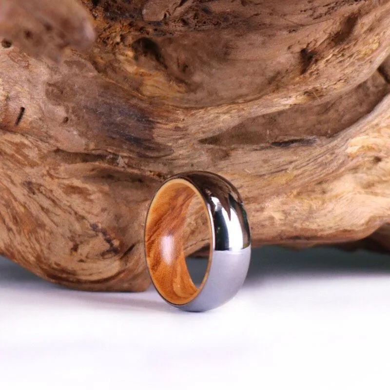 Silver Tungsten Ring - Exotic Olive Wood