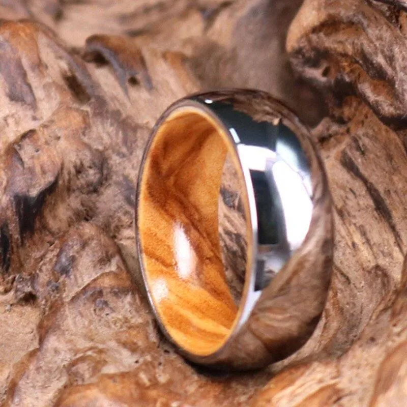 Silver Tungsten Ring - Exotic Olive Wood