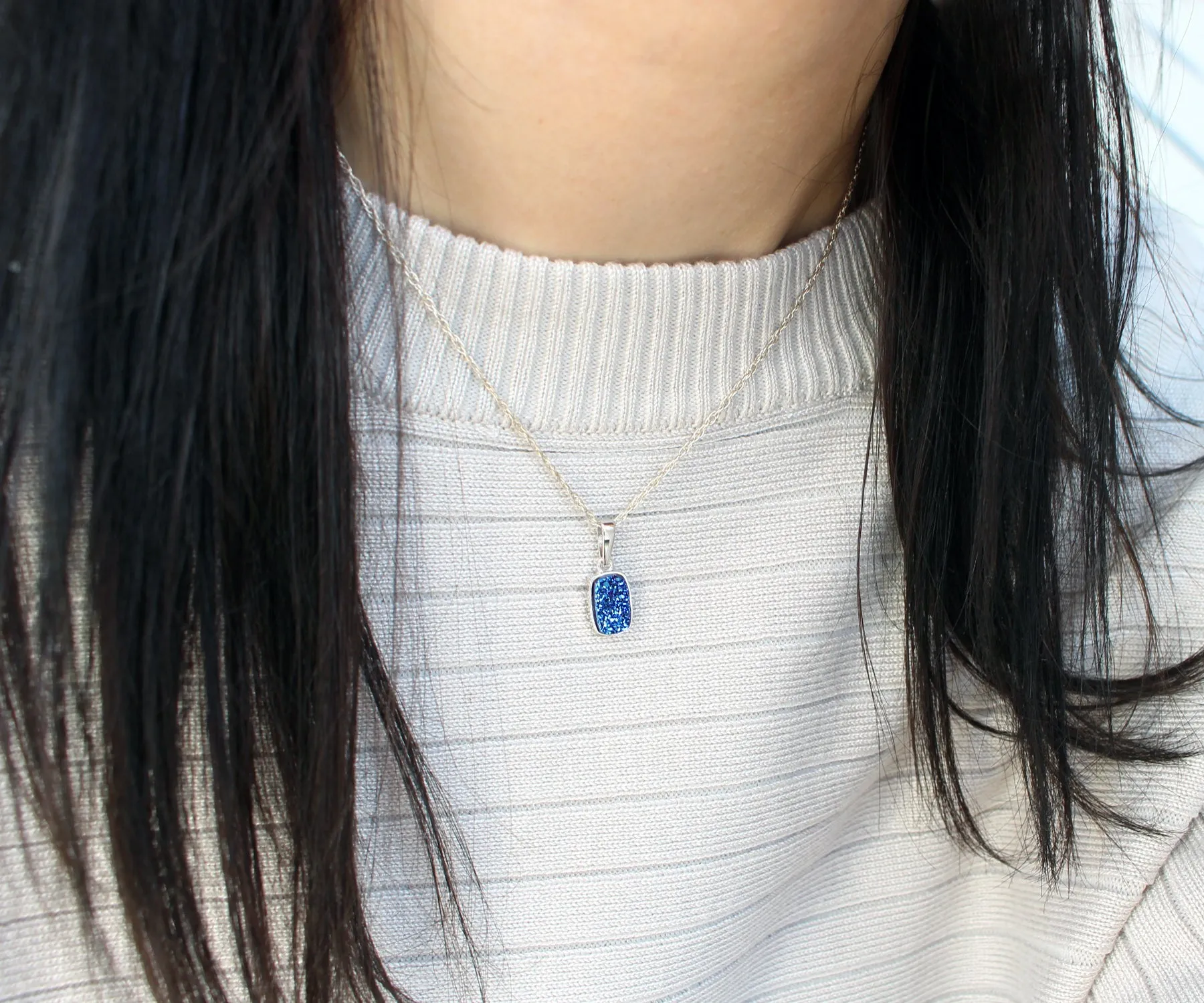 Small Rectangle Sapphire Blue Druzy 14k Vermeil Necklace