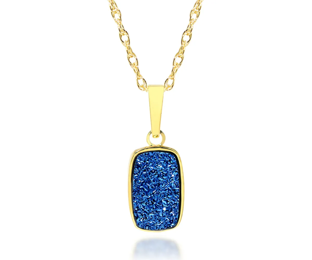 Small Rectangle Sapphire Blue Druzy 14k Vermeil Necklace