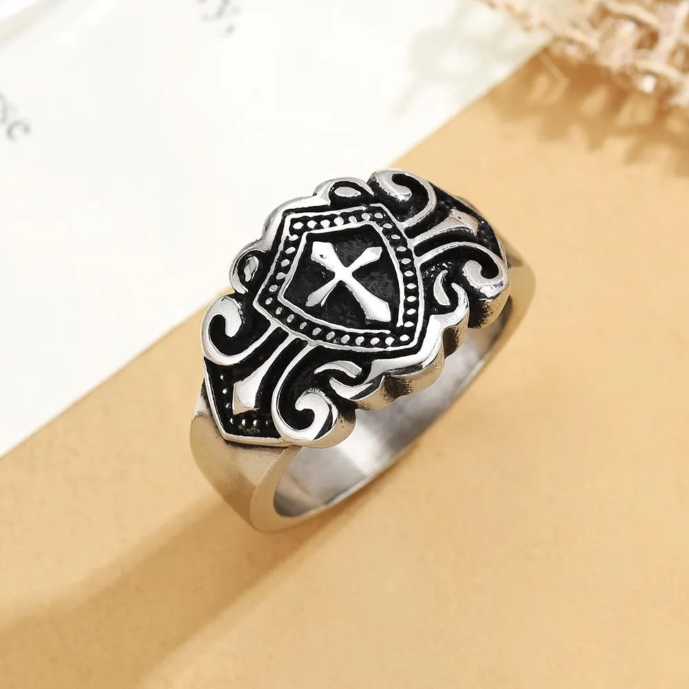 Stainless Steel Ring Men's Retro Shield Carved Titanium Steel Ring Punk Bracelet Wholesale