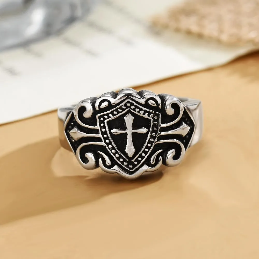 Stainless Steel Ring Men's Retro Shield Carved Titanium Steel Ring Punk Bracelet Wholesale