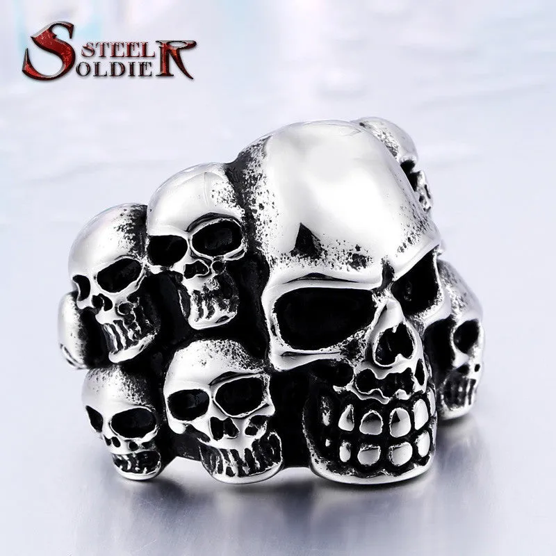 Steel soldier Punk Biker Men's Titanium Stainless Steel Ring Multi Rock lots Skull Ring For Men
