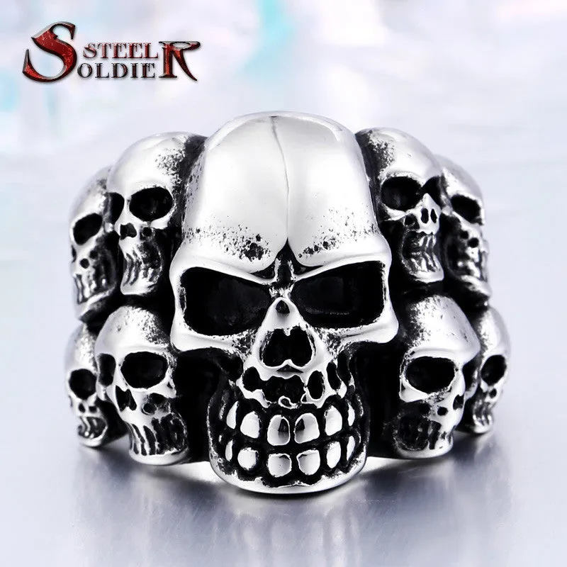 Steel soldier Punk Biker Men's Titanium Stainless Steel Ring Multi Rock lots Skull Ring For Men