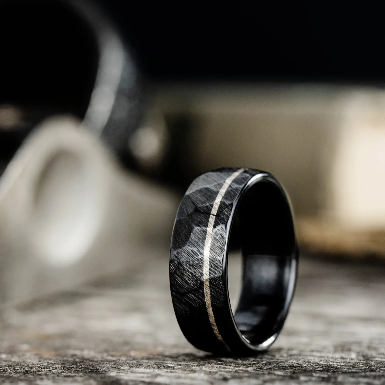 The Apollo Noir | Men's Hammered Black Titanium Wedding Band with Offset Inlay