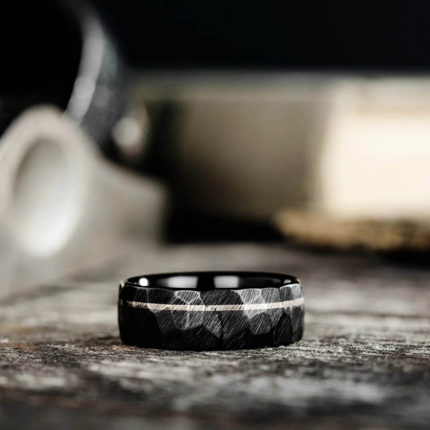The Apollo Noir | Men's Hammered Black Titanium Wedding Band with Offset Inlay