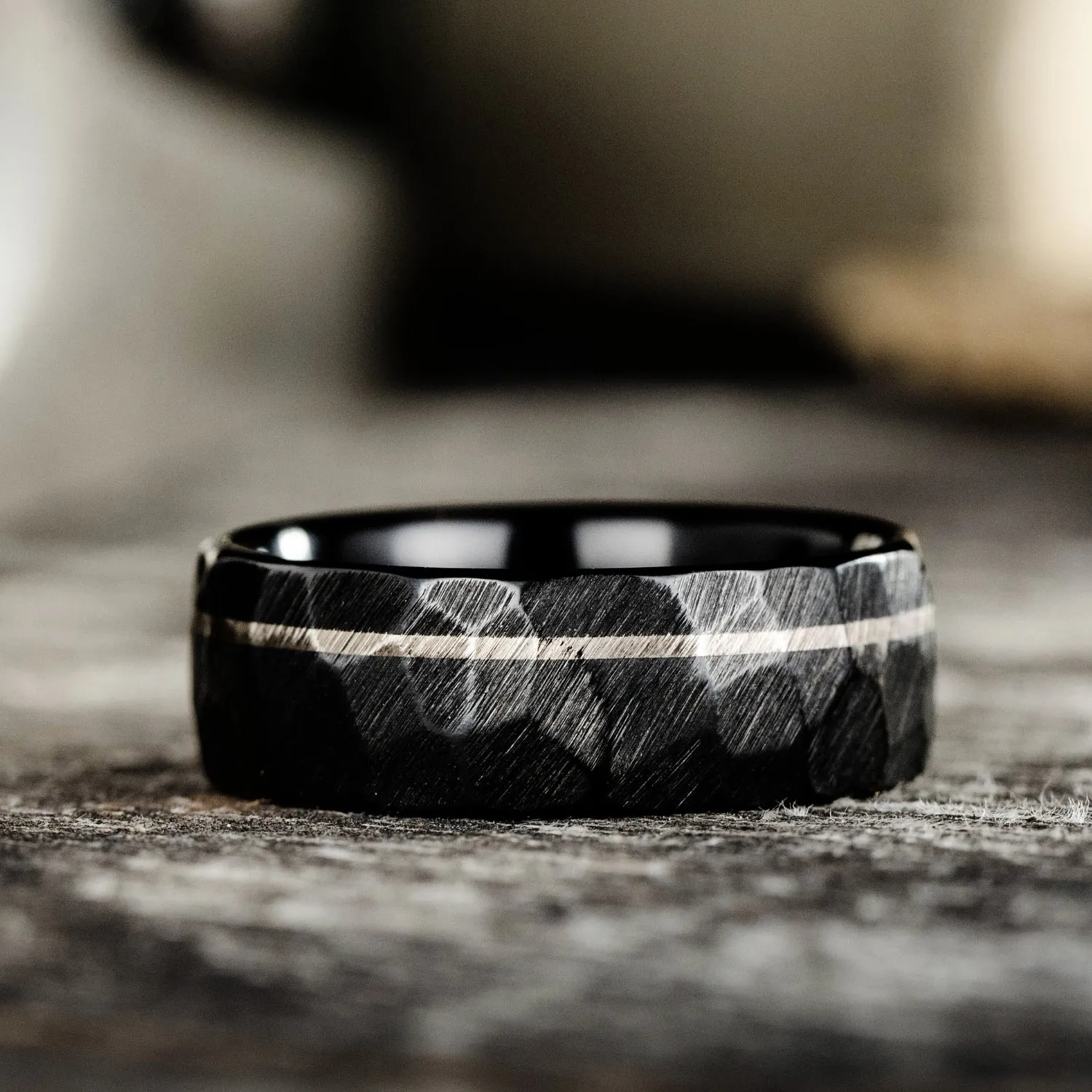 The Apollo Noir | Men's Hammered Black Titanium Wedding Band with Offset Inlay