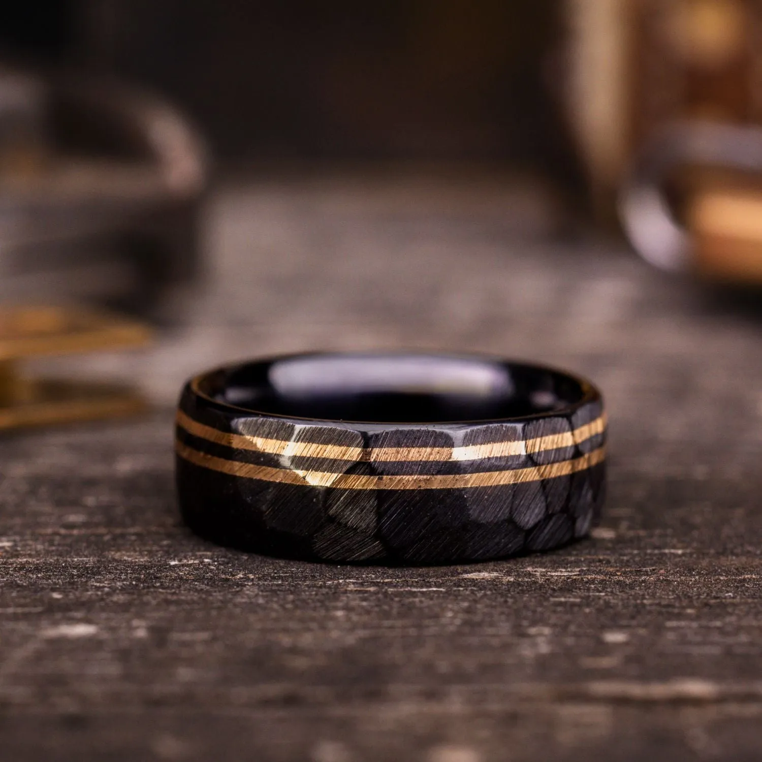 The Apollo Titan Noir | Men's Hammered Black Titanium Wedding Band with Dual Offset Metal Inlays