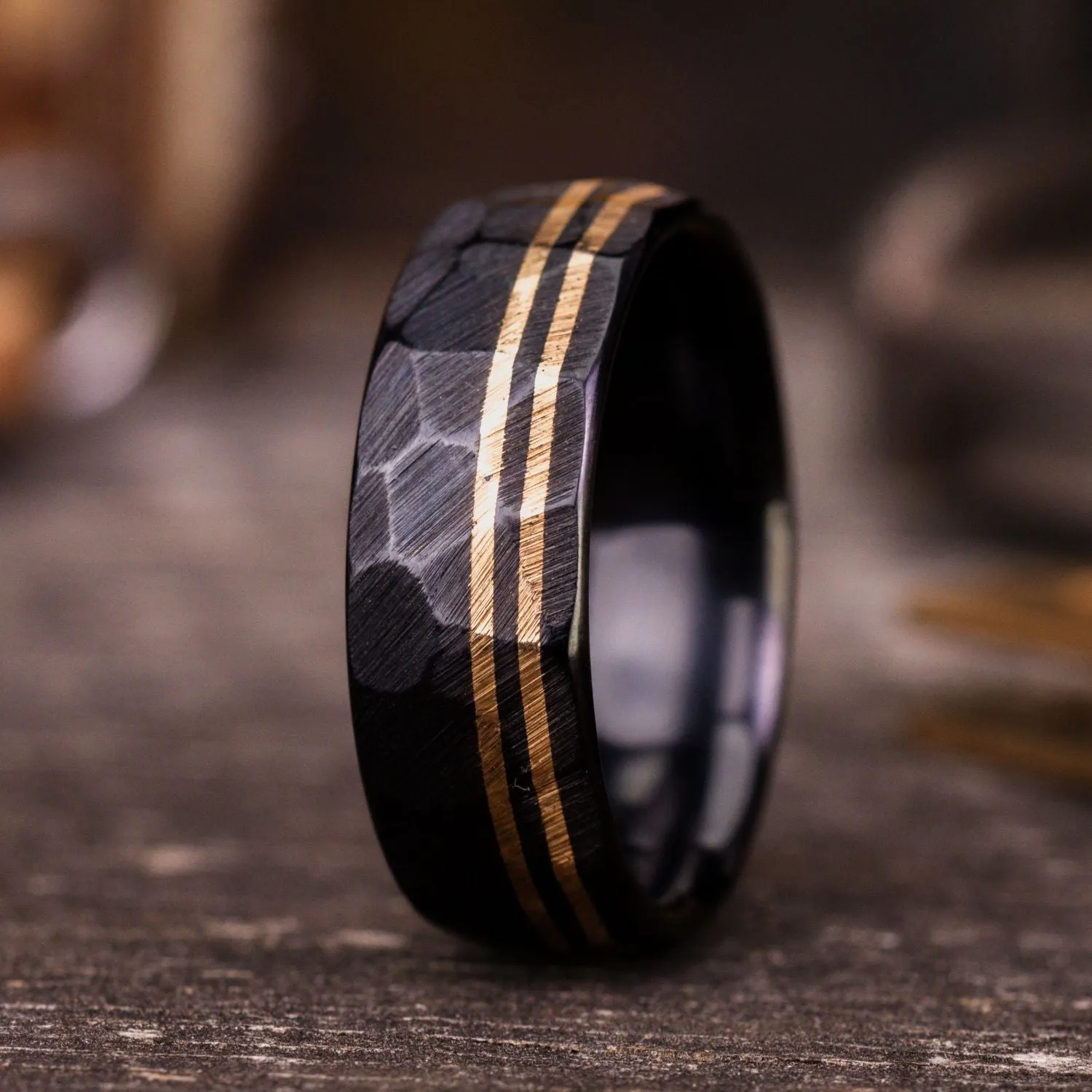 The Apollo Titan Noir | Men's Hammered Black Titanium Wedding Band with Dual Offset Metal Inlays