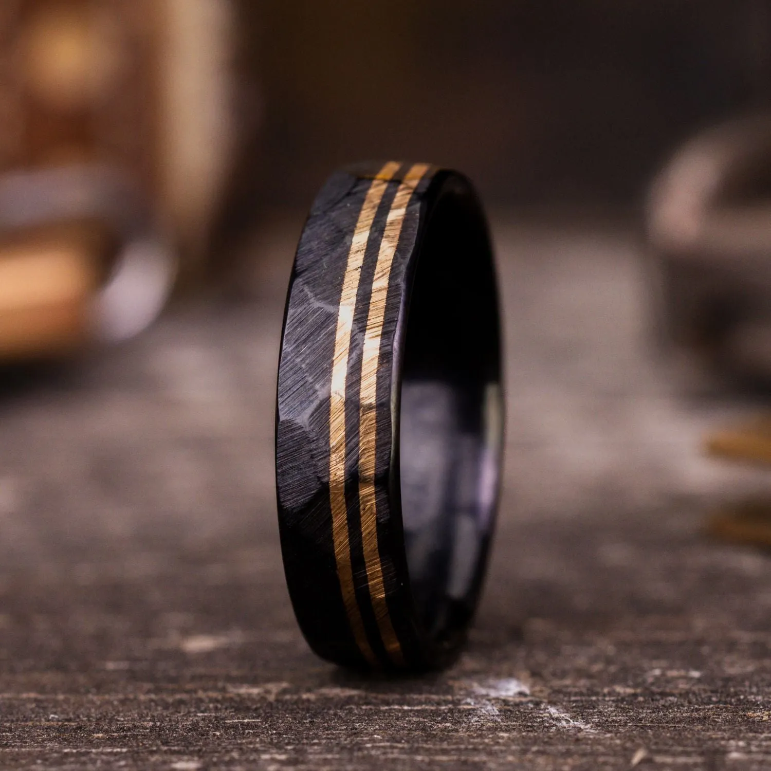 The Apollo Titan Noir | Men's Hammered Black Titanium Wedding Band with Dual Offset Metal Inlays