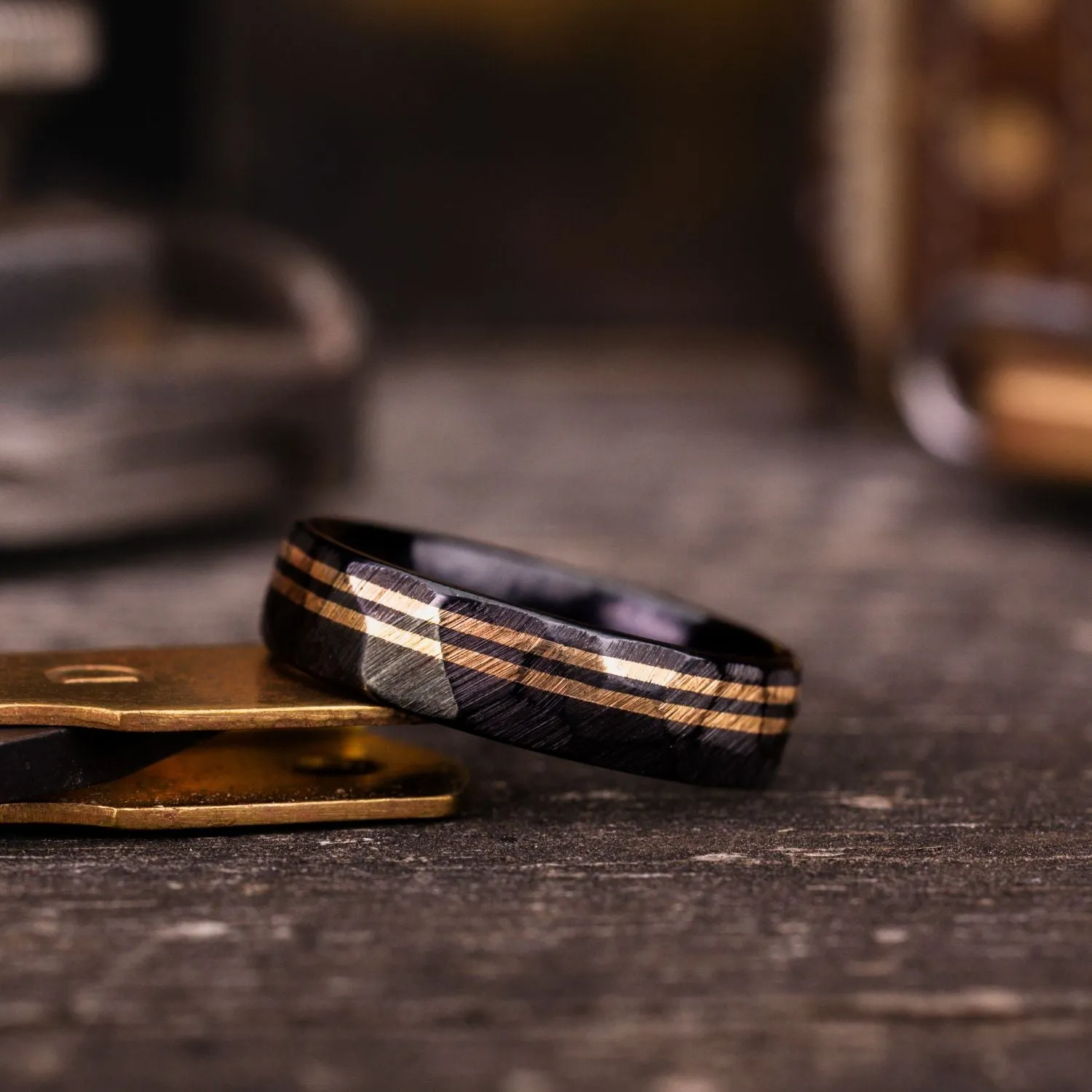The Apollo Titan Noir | Men's Hammered Black Titanium Wedding Band with Dual Offset Metal Inlays