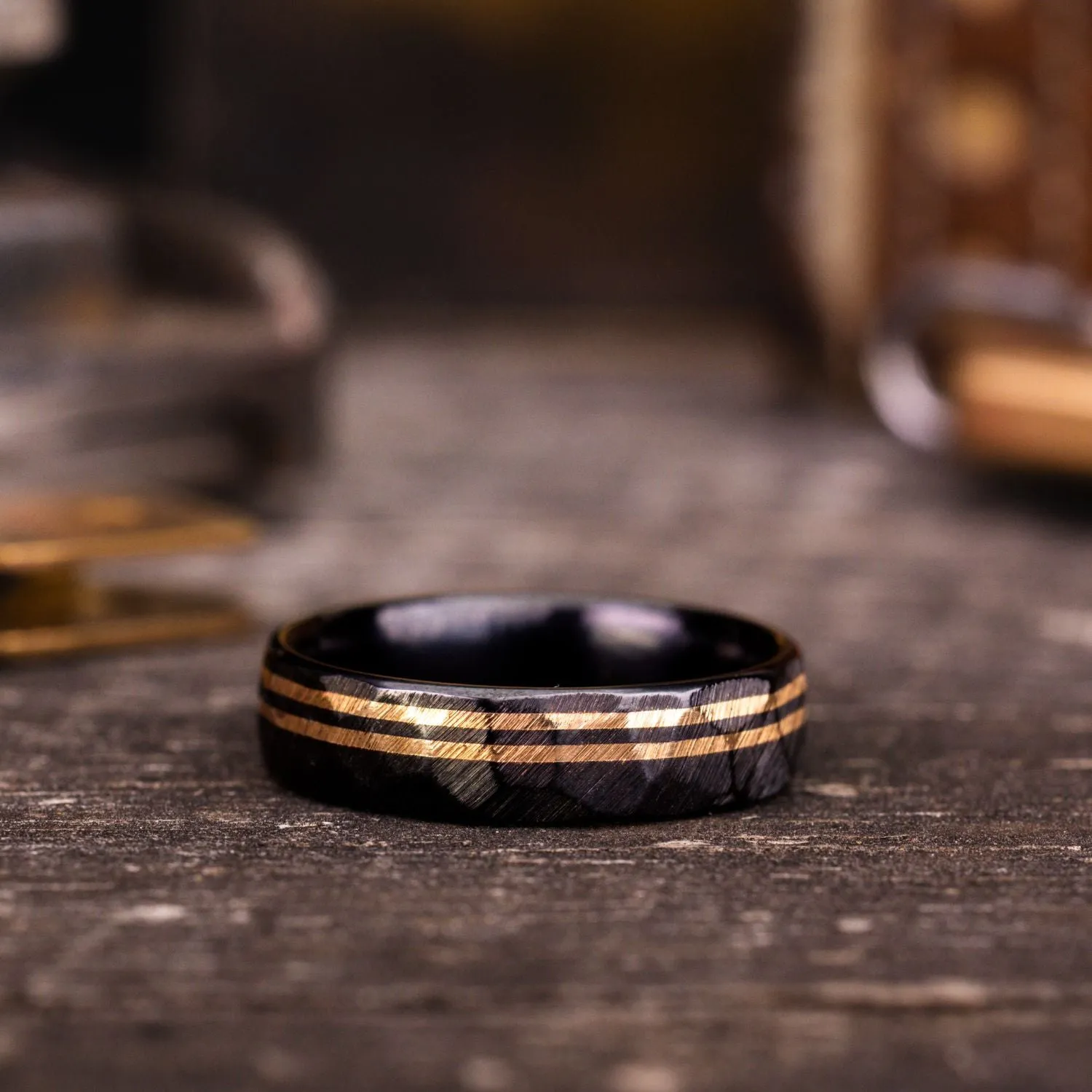 The Apollo Titan Noir | Men's Hammered Black Titanium Wedding Band with Dual Offset Metal Inlays