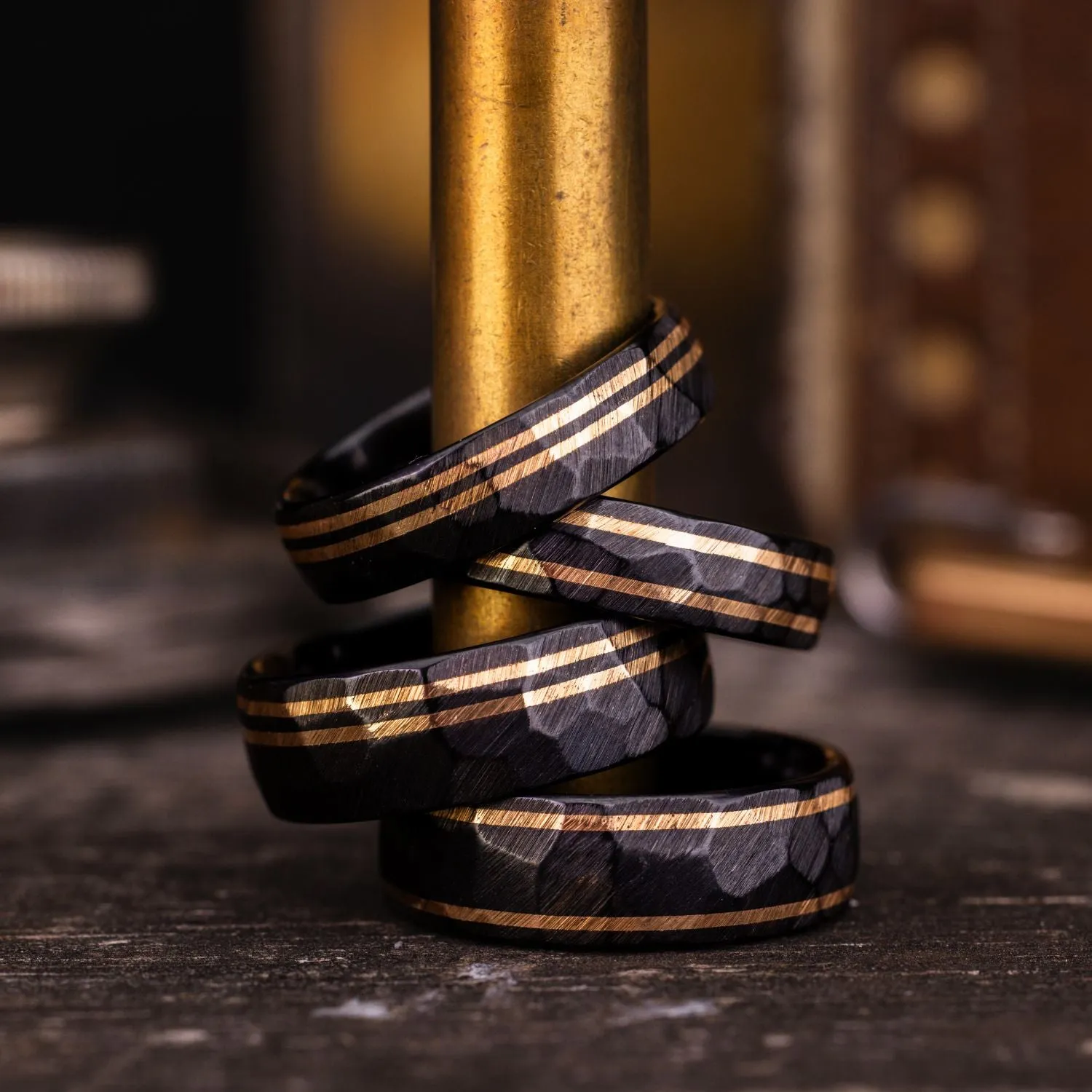The Apollo Titan Noir | Men's Hammered Black Titanium Wedding Band with Dual Offset Metal Inlays