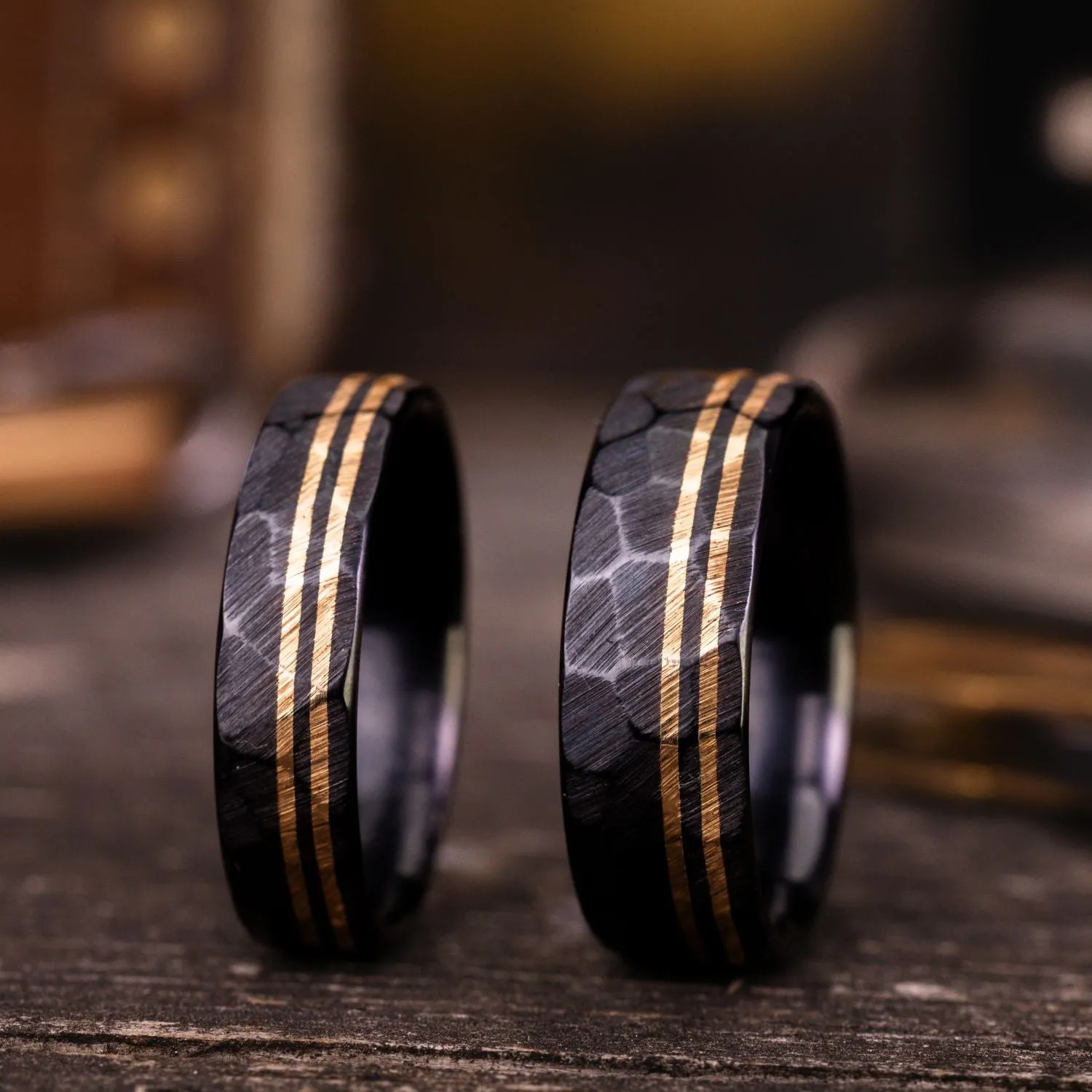 The Apollo Titan Noir | Men's Hammered Black Titanium Wedding Band with Dual Offset Metal Inlays