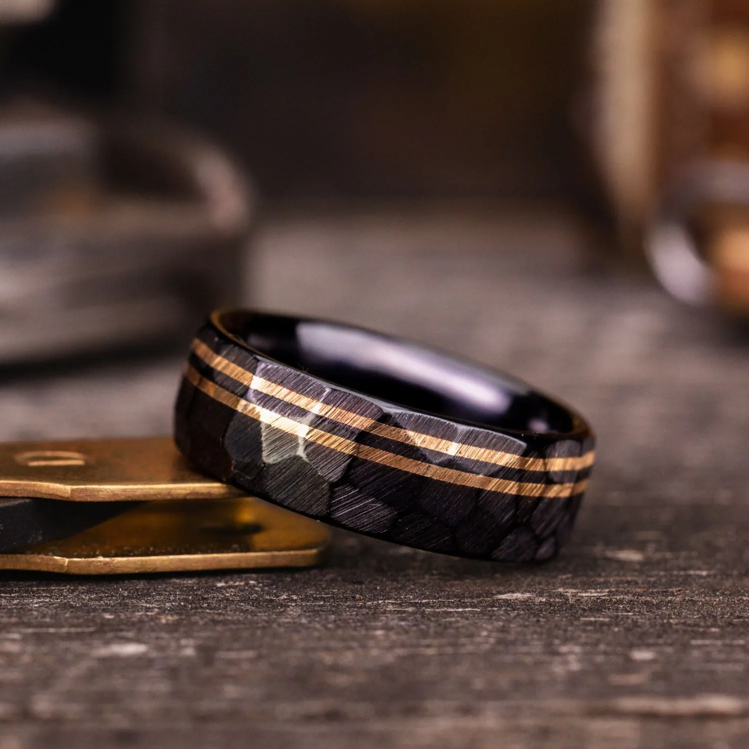 The Apollo Titan Noir | Men's Hammered Black Titanium Wedding Band with Dual Offset Metal Inlays