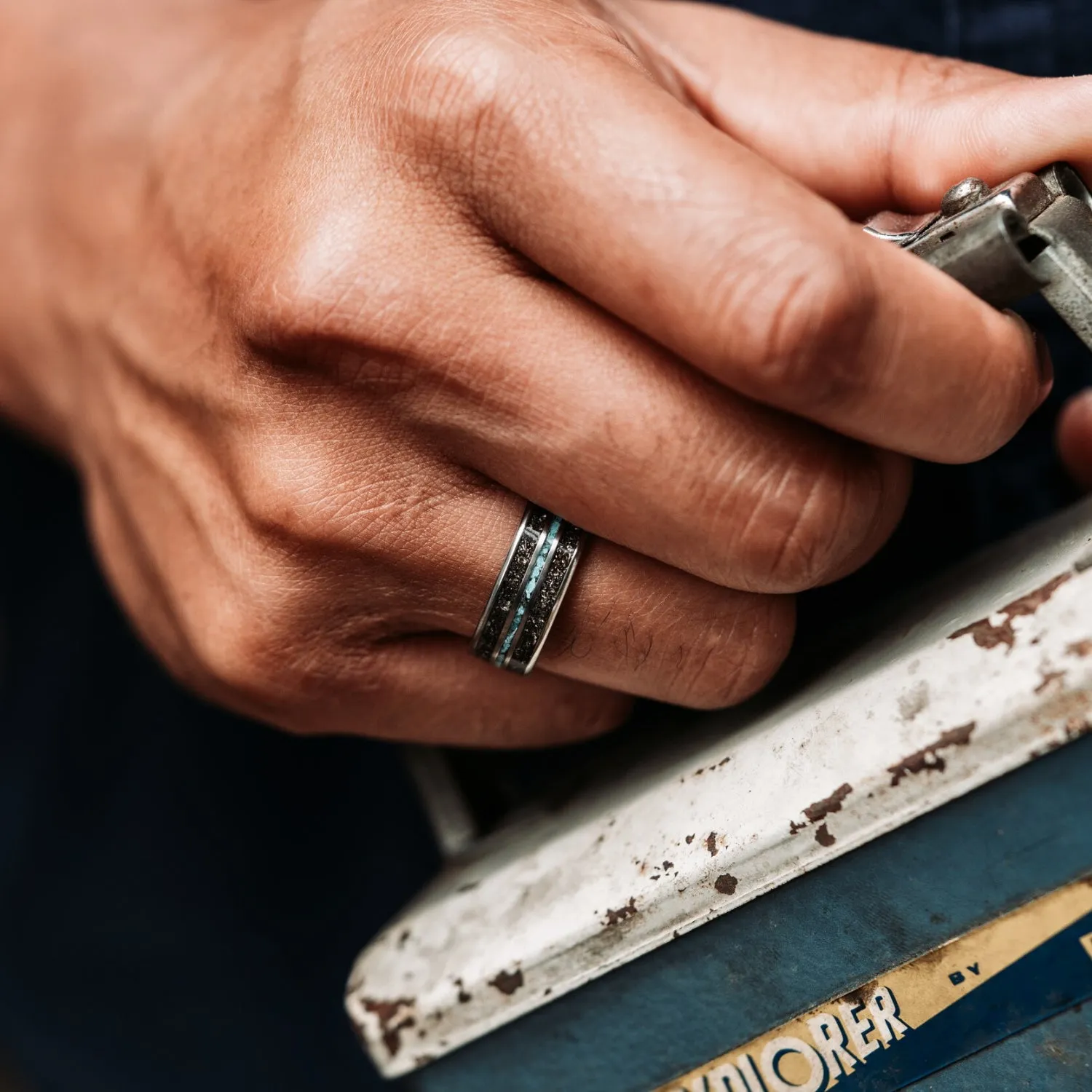 The Black Sky | Men's Meteorite & Turquoise Titanium Wedding Band