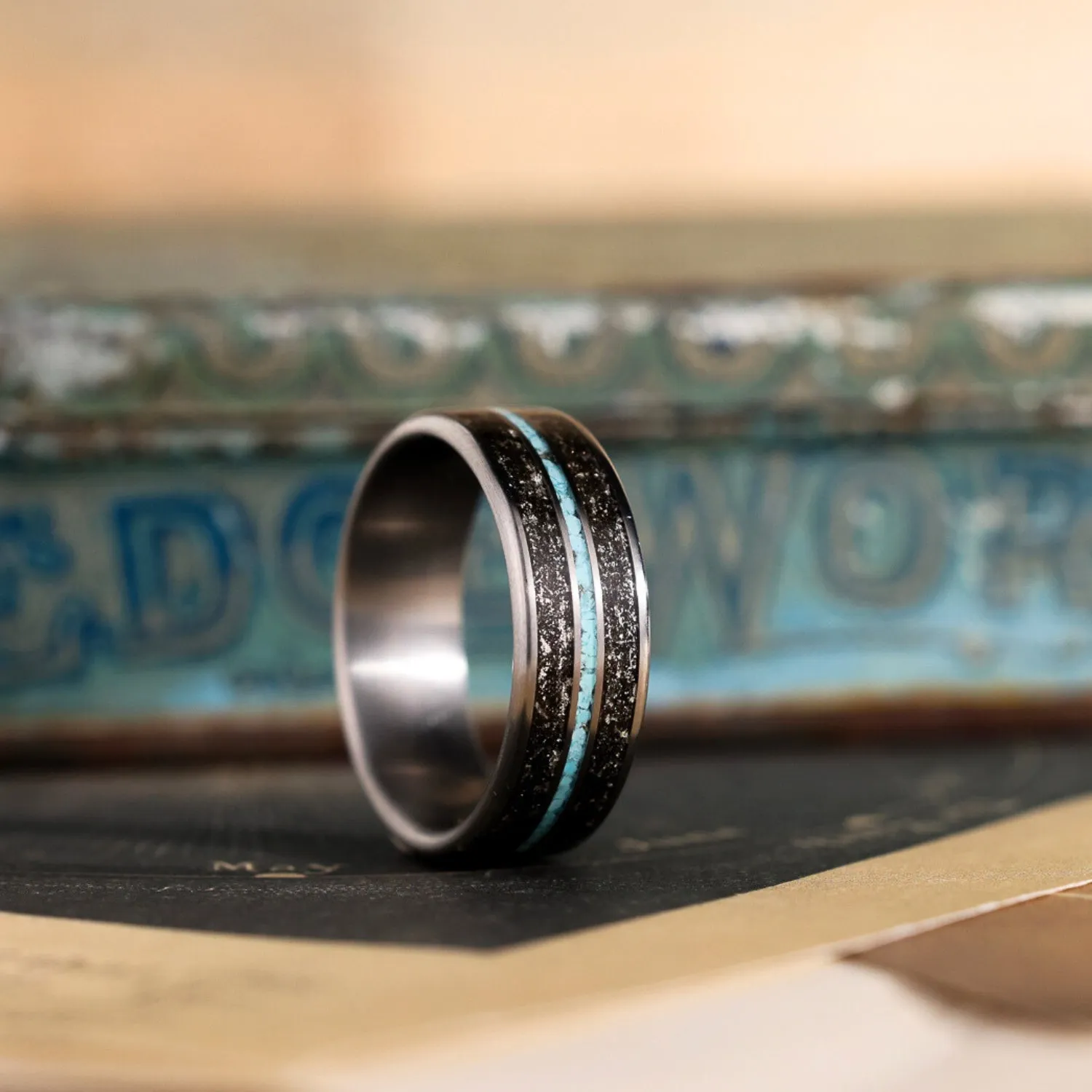 The Black Sky | Men's Meteorite & Turquoise Titanium Wedding Band