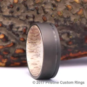 The Branagh Ring - Gun Metal Grey Titanium Ring  Exotic Antler Sleeve Men's Wedding Band  4MM-8MM