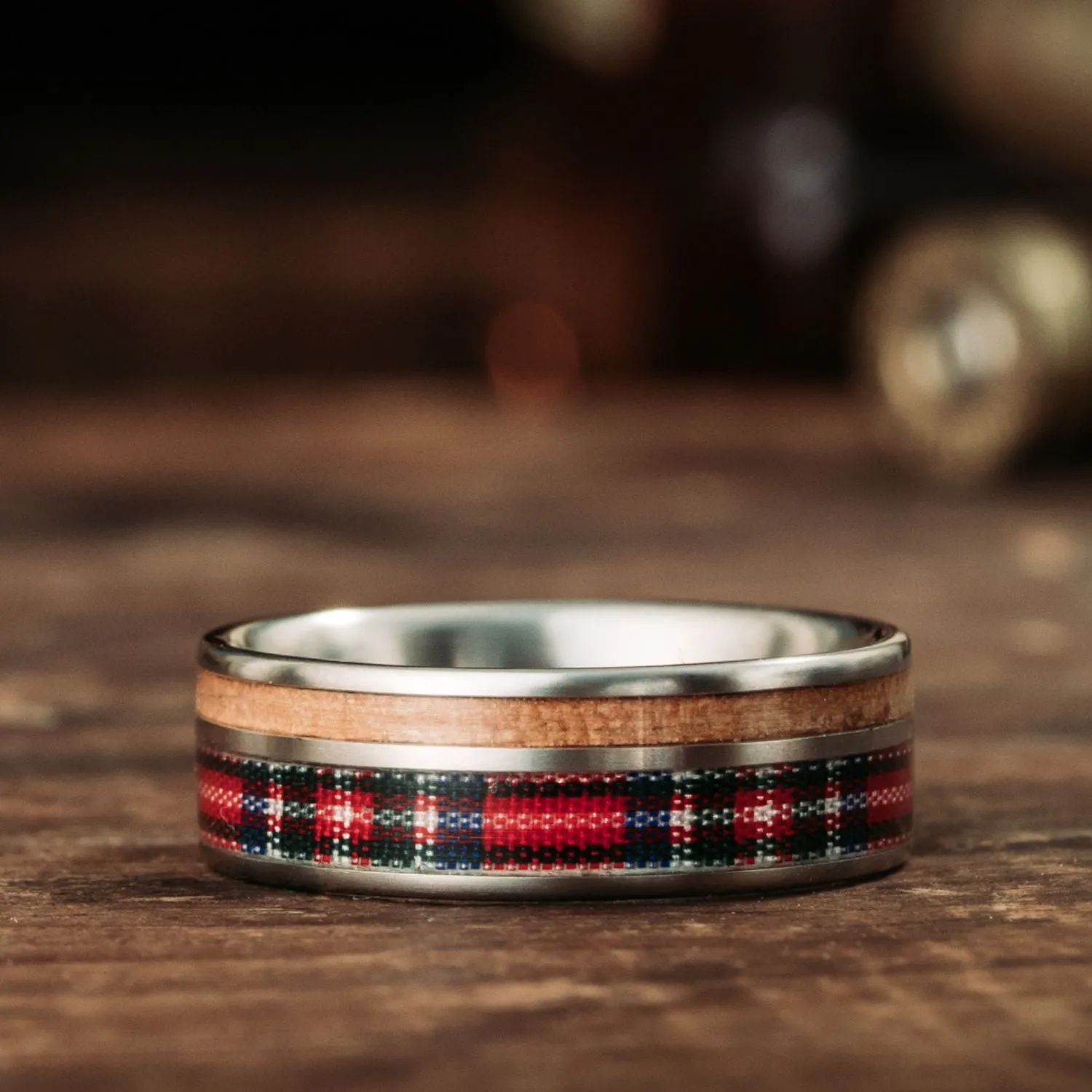 The Celtic - Stewart Royal | Men's Titanium Wedding Band with Whiskey Barrel & Tartan