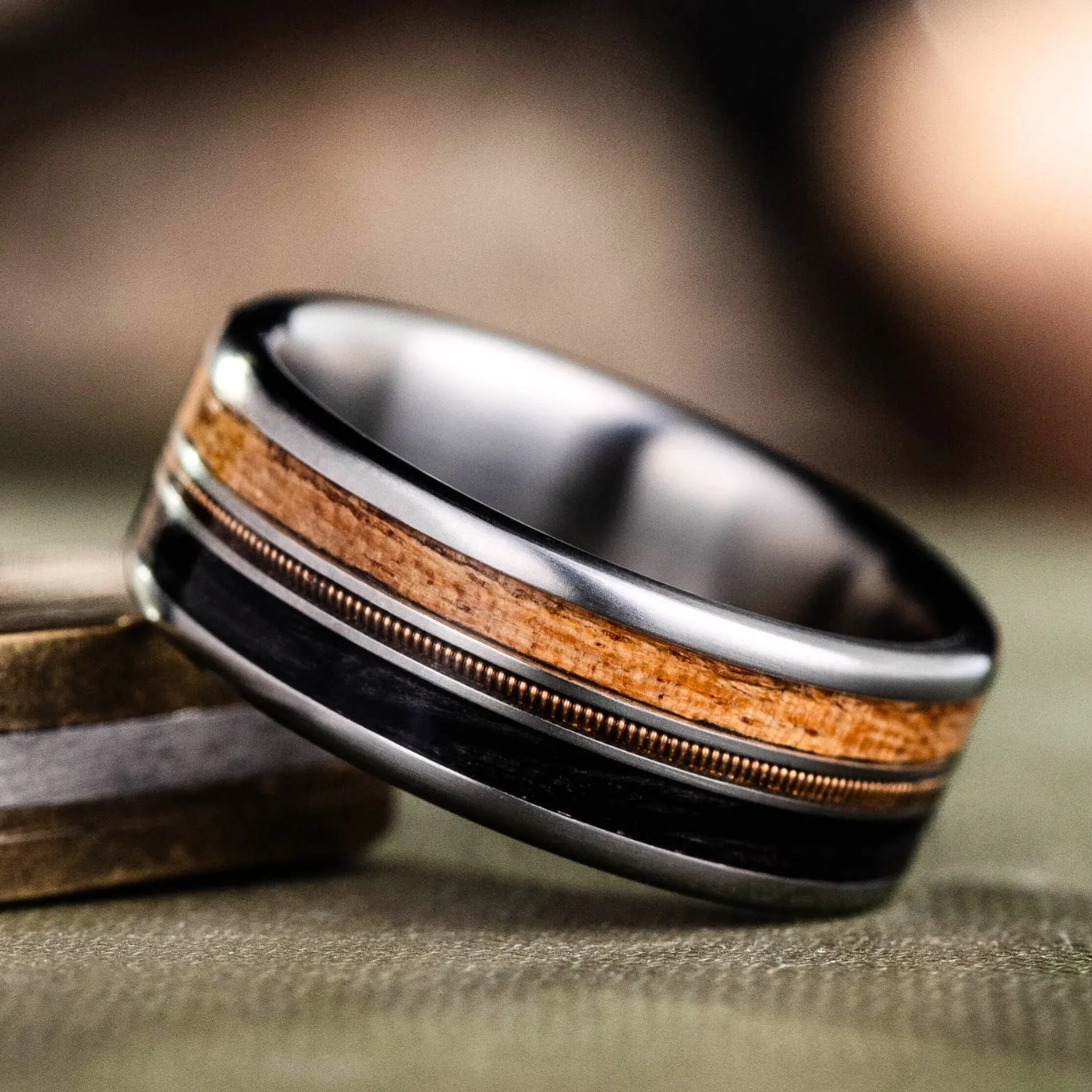 The Marshall | Men's Titanium Wedding Band with Guitar String, Mesquite Wood & Whiskey Barrel