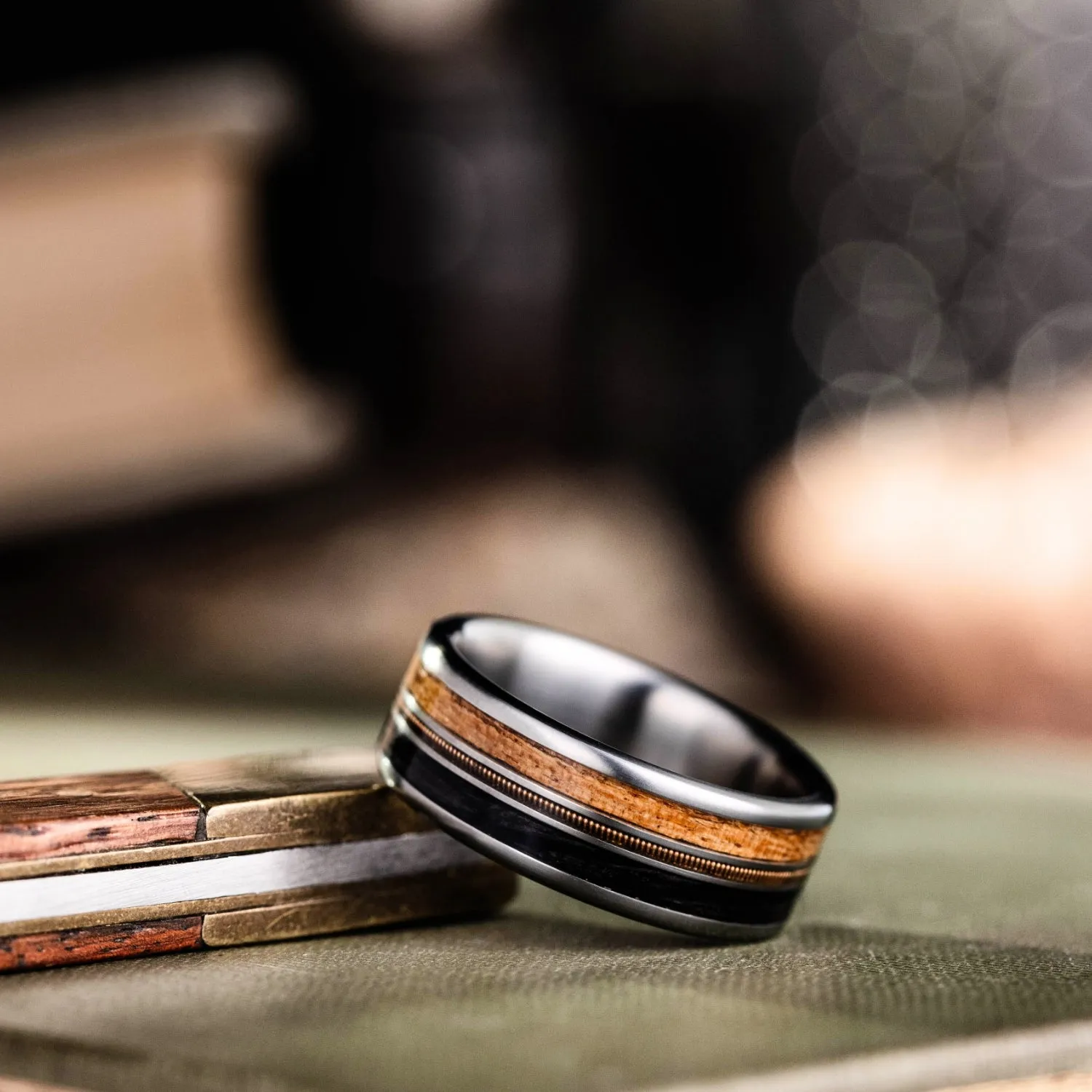 The Marshall | Men's Titanium Wedding Band with Guitar String, Mesquite Wood & Whiskey Barrel
