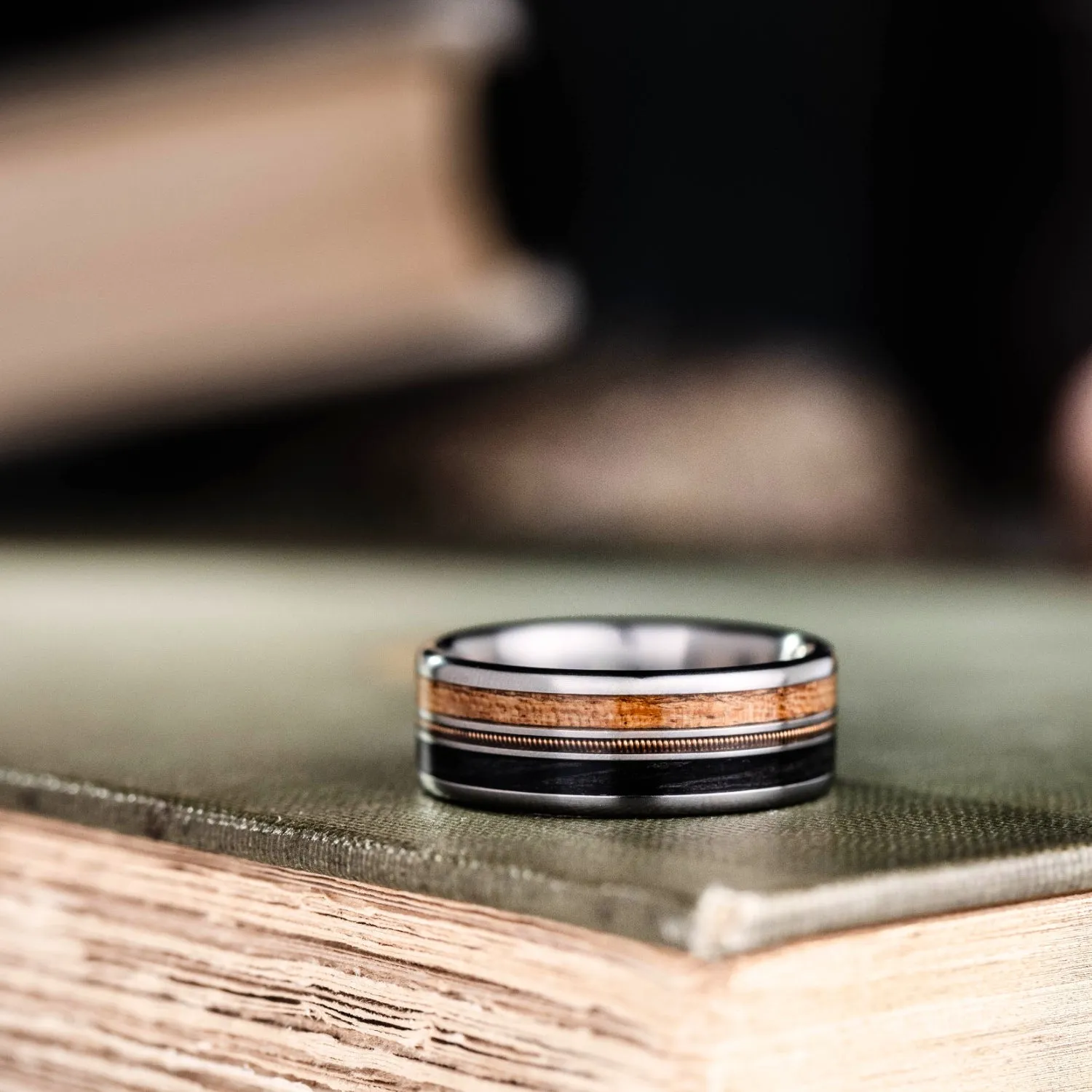 The Marshall | Men's Titanium Wedding Band with Guitar String, Mesquite Wood & Whiskey Barrel