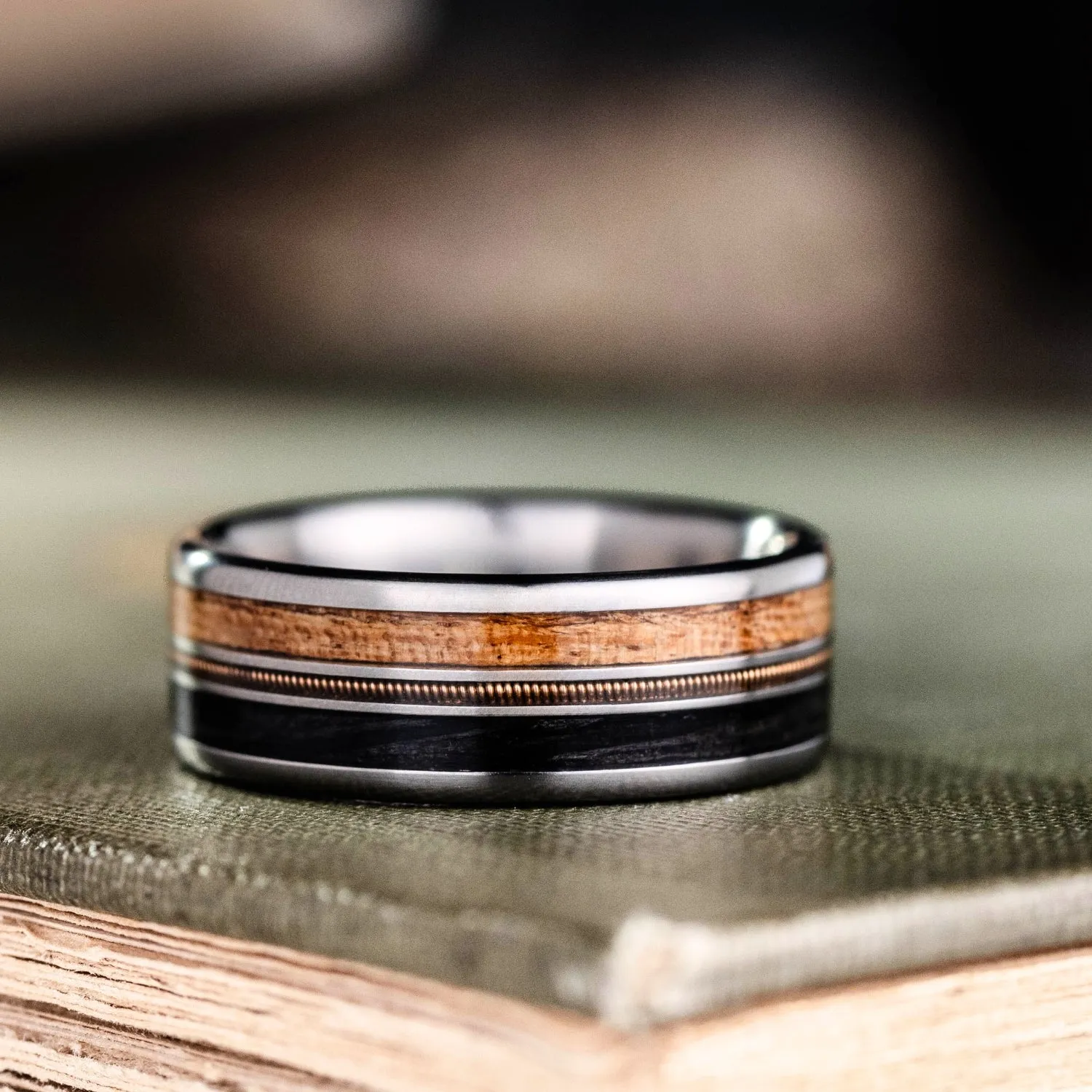 The Marshall | Men's Titanium Wedding Band with Guitar String, Mesquite Wood & Whiskey Barrel