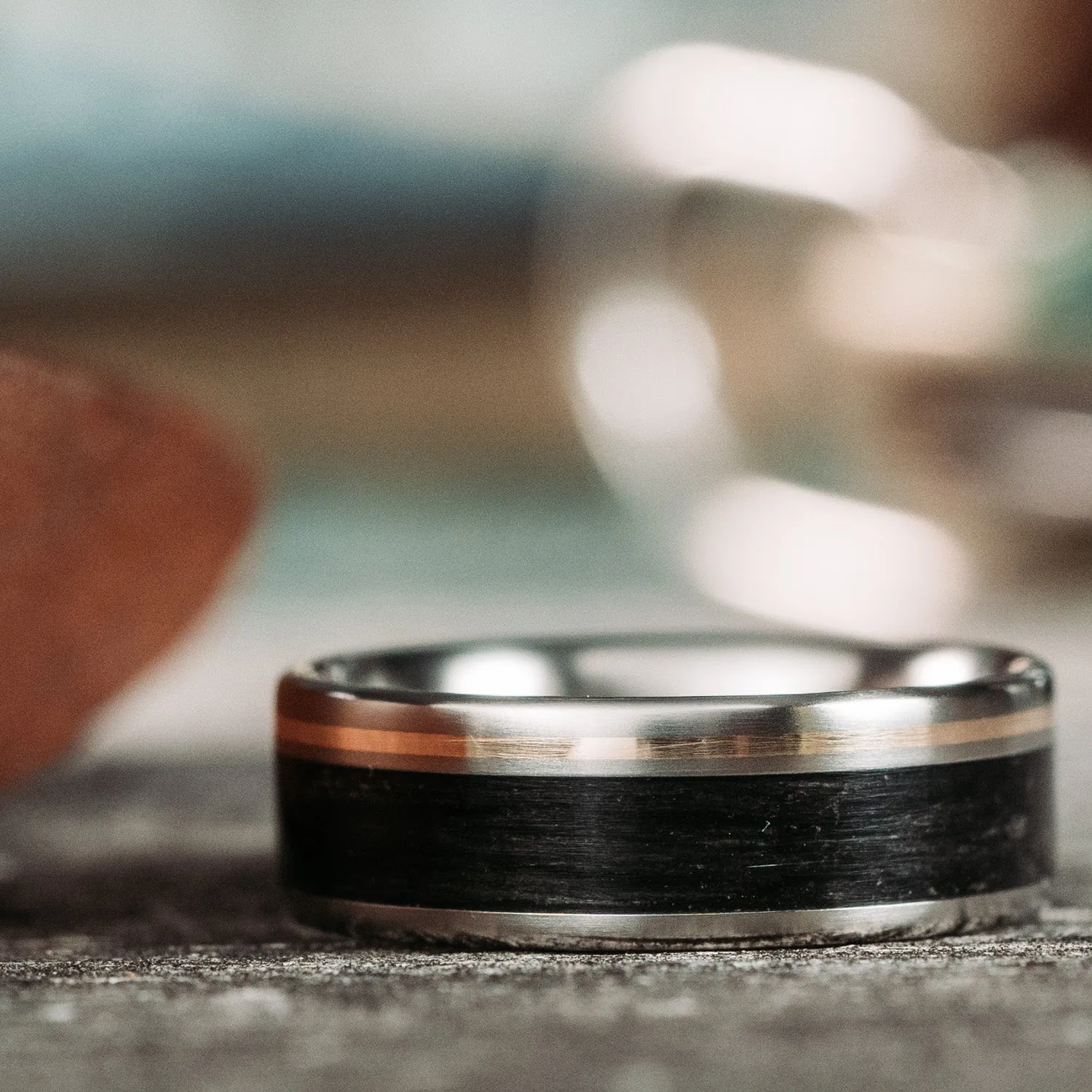 The Twain | Men's Titanium Wedding Band with Whiskey Barrel Wood & Offset Metal Inlay